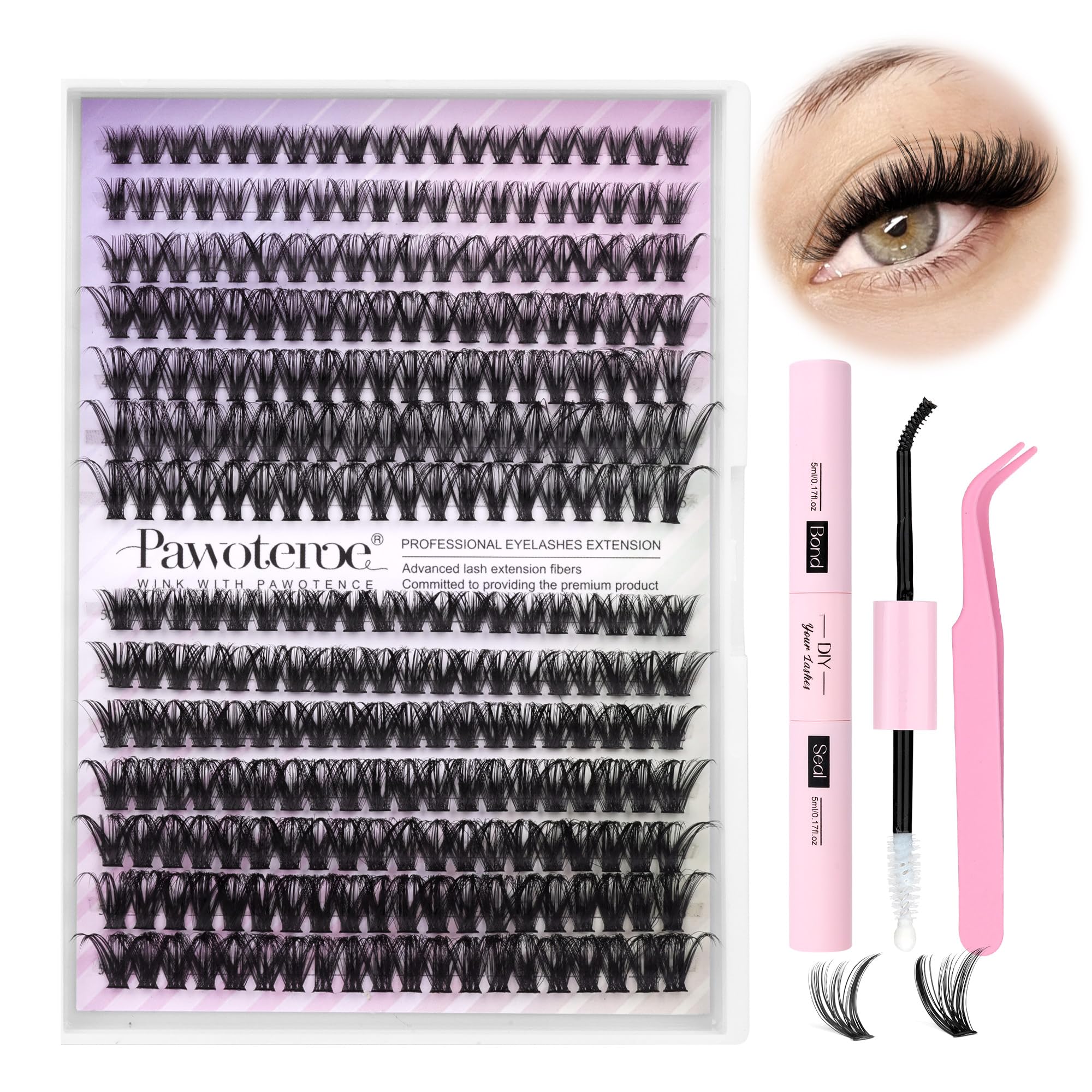 Pawotence Lash Extension Kit DIY 280pcs Lash Clusters Eyelash Extension Kit, 9-16mm 30D 40D Individual Lashes Kit with Lash Bond and Seal, Lash Tweezers for Self Use (30D&40D, 0.07D, 9-16mm, Kit)
