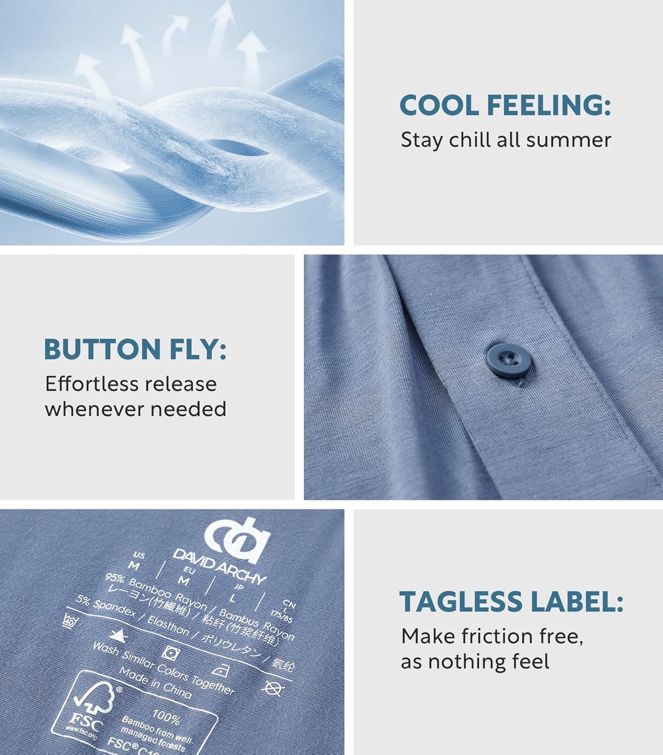 DAVID ARCHY Mens Boxer Shorts Breathable Soft Rayon Made from Bamboo Boxers for Men Loose Fit Mens Underwear 3 or 5 Pack