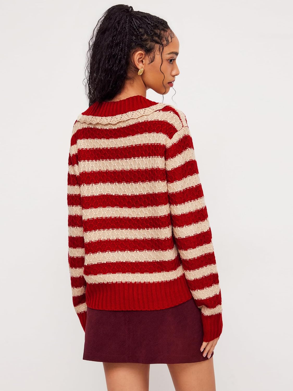 CIDER Striped Sweaters for Women Collar Knit Long Sleeve Knotted Loose Fit Pullover Winter Sweater Fall Tops