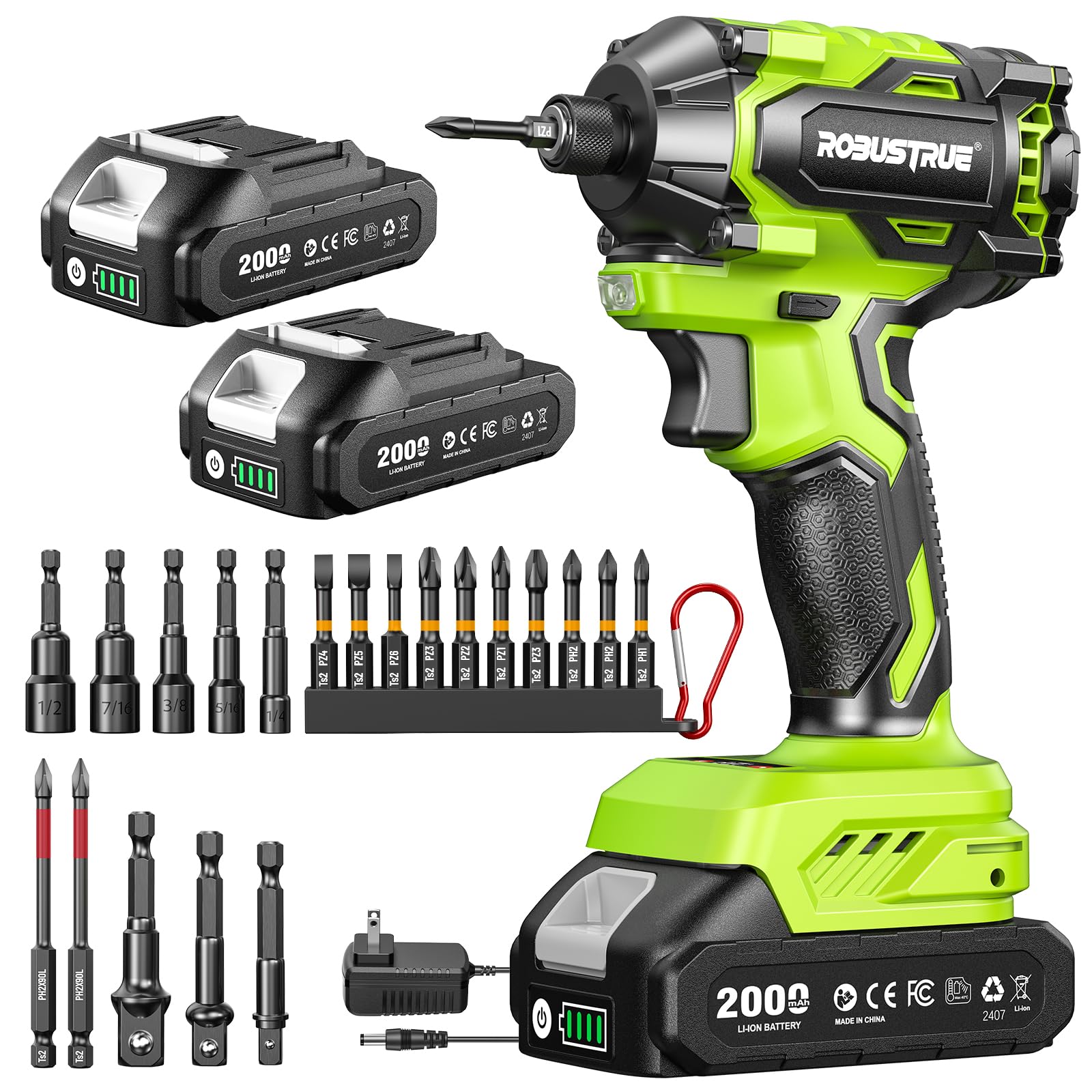 Impact Driver: 21V 1/4" Hex Cordless Impact Driver, 230N.m (2,035in-lbs) Brushless Impact Driver Drill Set, 20Psc Screwdriver Bits, 2.0 Ah Battery, Variable Speed for DIY and Automotive
