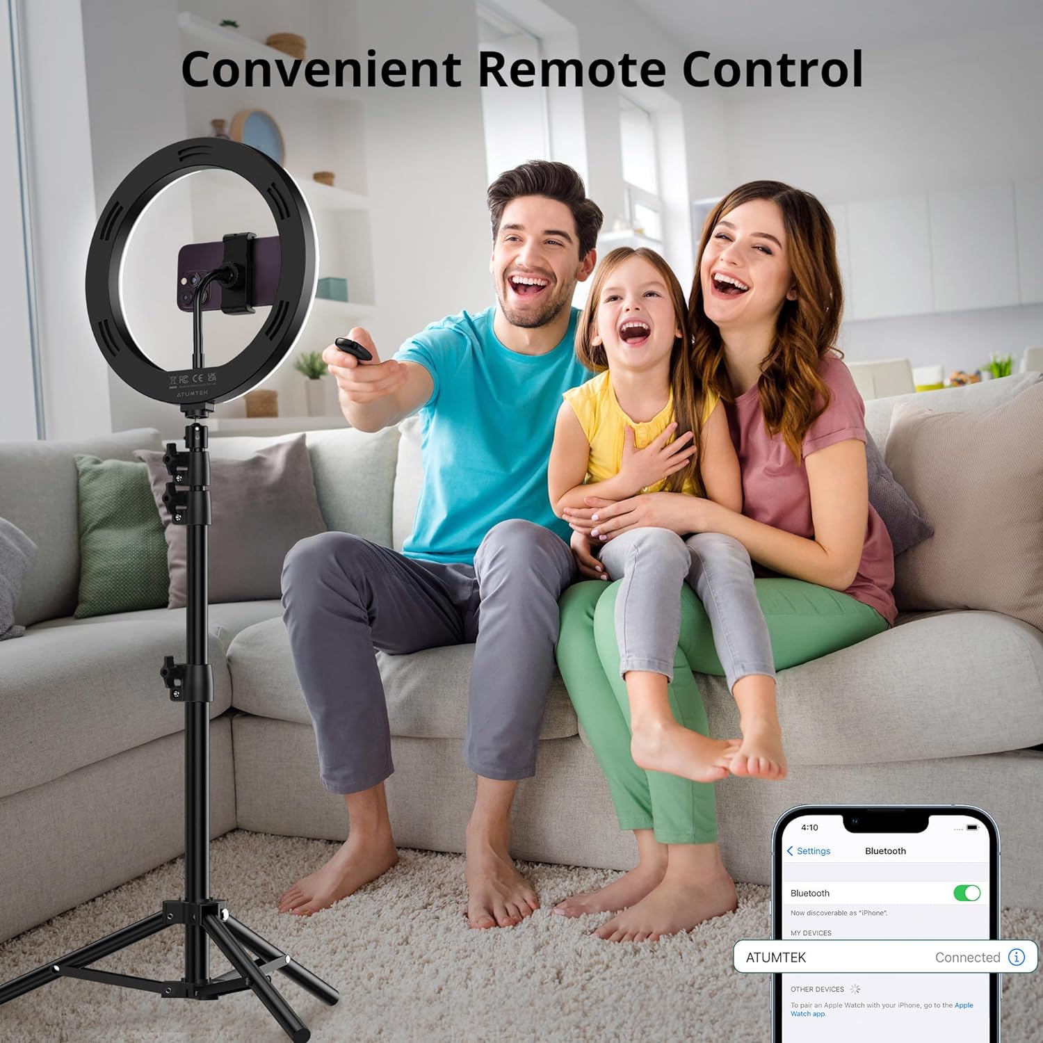 ATUMTEK 10" Ring Light with 55" Tripod Stand, Dimmable LED Selfie Light with Phone Holder & Bluetooth Remote, 3 Color Modes & 10 Brightness Levels for TikTok, Zoom, YouTube, Streaming, Vlogging