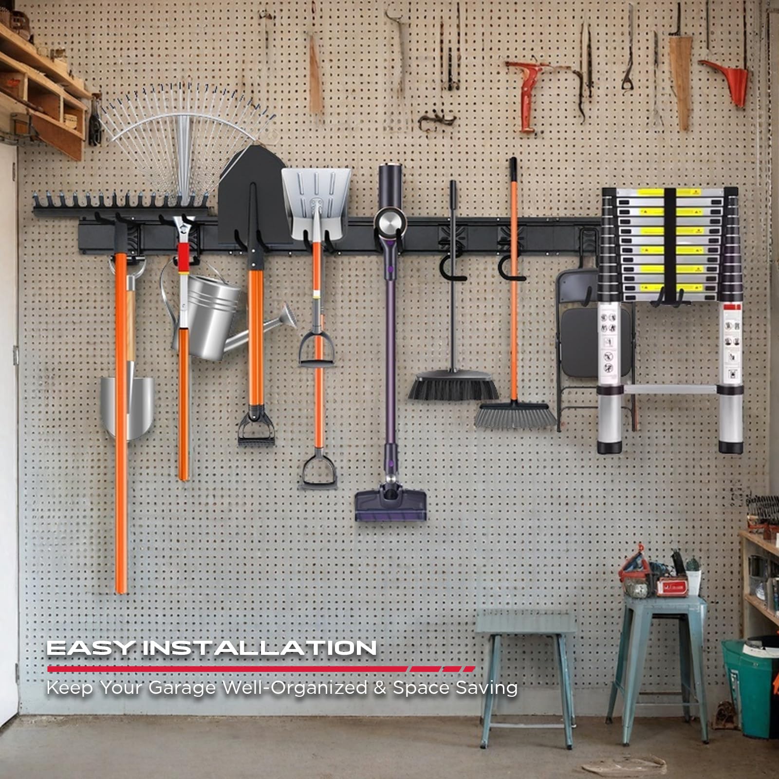 48" Heavy Duty Garage Wall Organizer, Wall Mount Tool Storage Rack with Adjustable Hooks, Garden Tool Organizer Hold Up to 300lbs, Easy Installation (3 Panels, 8 Hooks, 3 Straps)