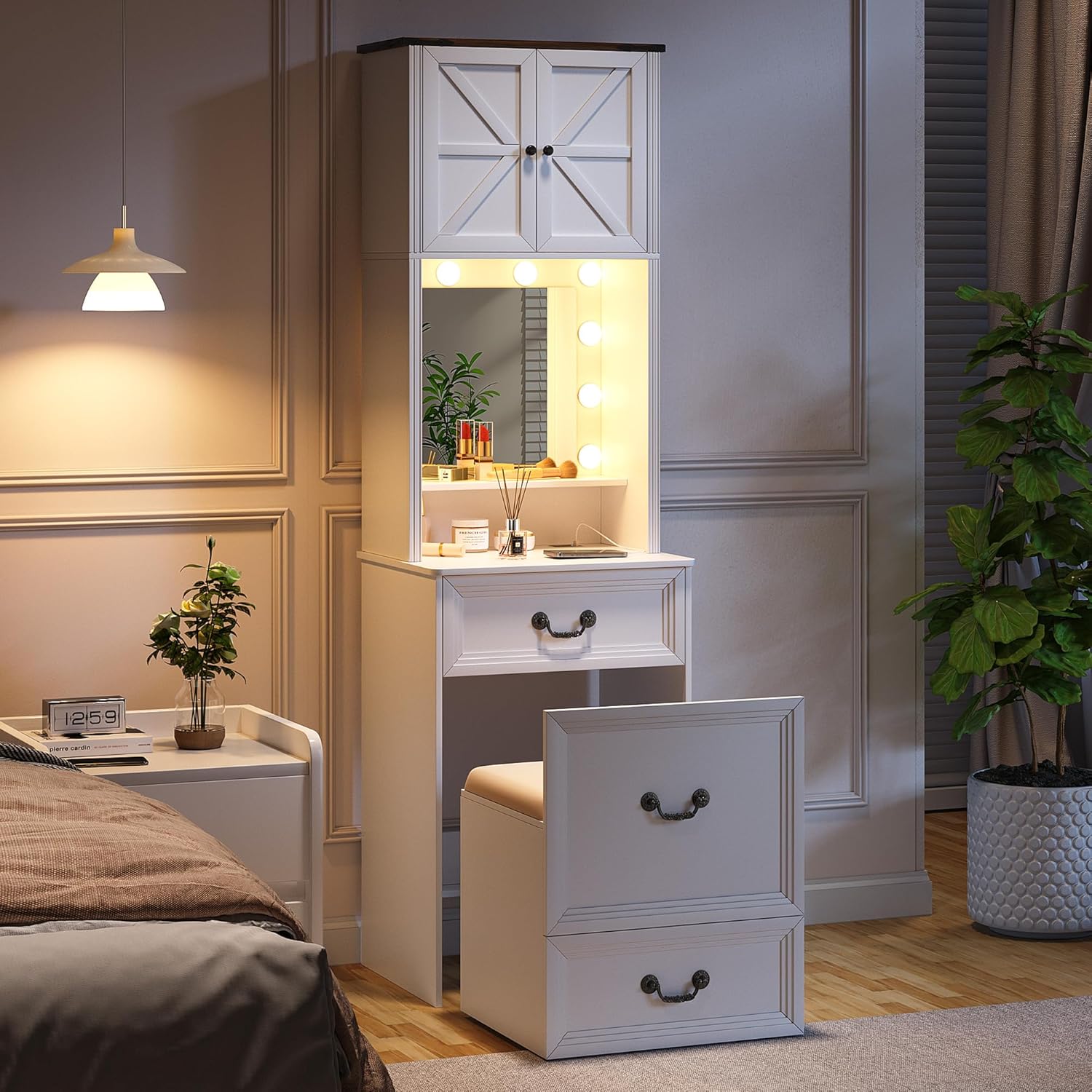 Vanity Desk with Mirror and Lights, Compact Makeup Table w/Storage Drawers & Shelves, Farmhouse Vanity Table with Hidden Chair for Bedroom, Gift for Girls Lady, Rustic Brown