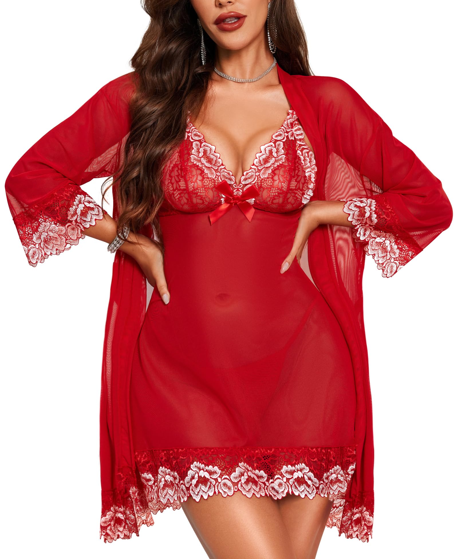 RSLOVE Women Sexy Lingerie Set 3 Piece Babydoll & Lace Kimono Robe Strap Chemise Mesh Nightgown Wine Red M