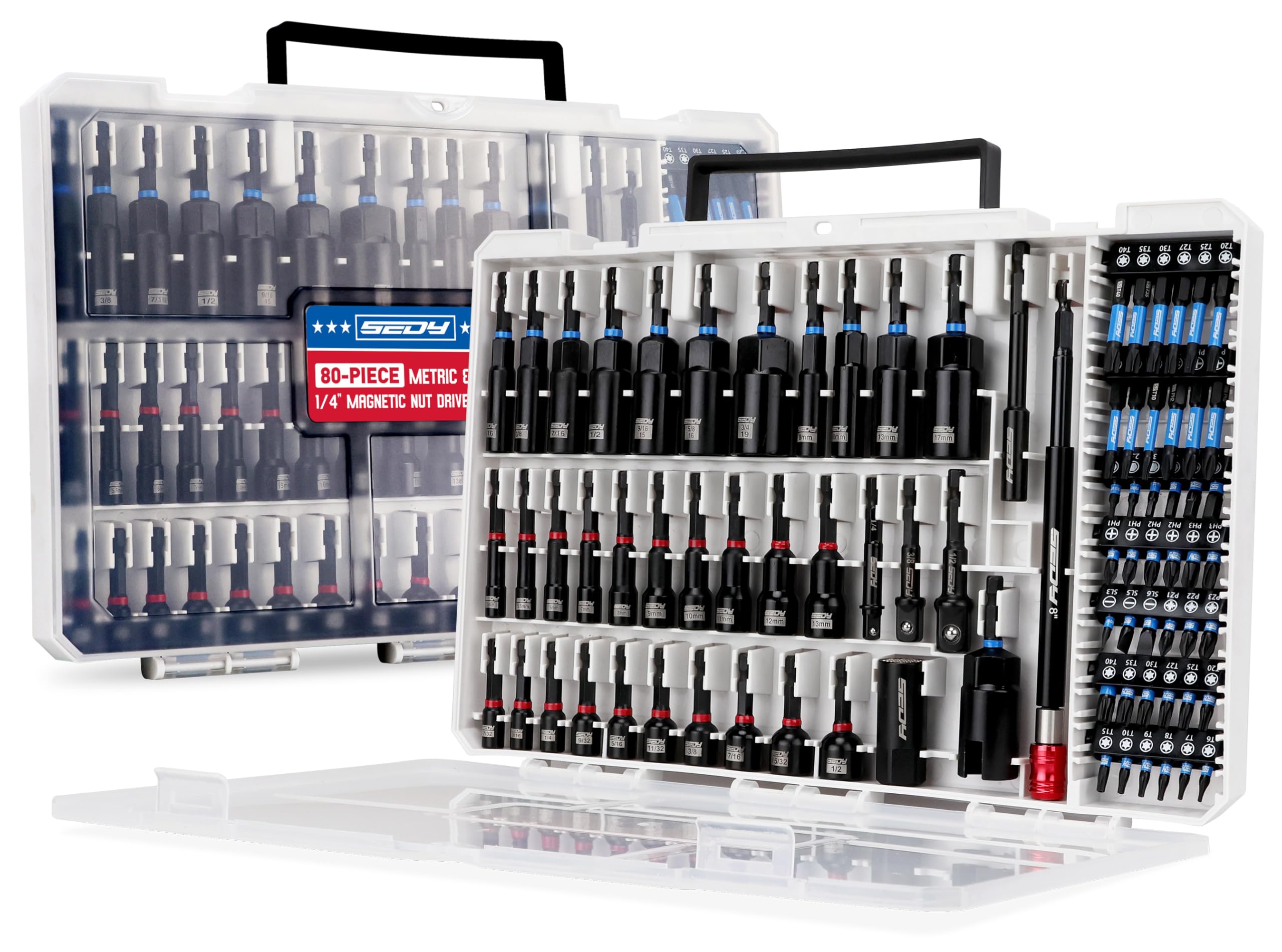 80-Piece Premium Magnetic Impact Nut Driver Set Metric & SAE with Socket Adapters, Bit Holder, Wing Nut Driver, Universal Sockets, Quick Release Extension, Power Bits