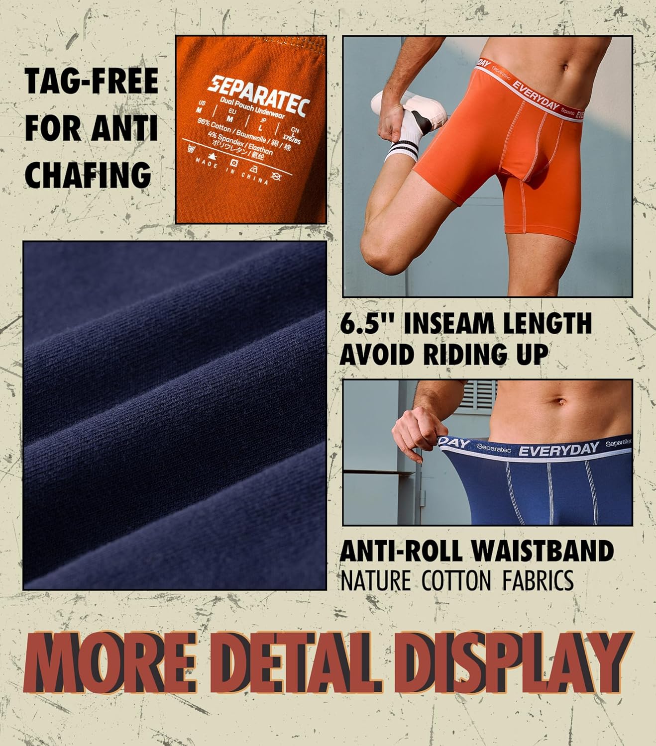 Separatec Cotton Dual Pouch Men's Underwear Comfortable Soft Breathable Everyday Boxer Briefs for men 7 Pack