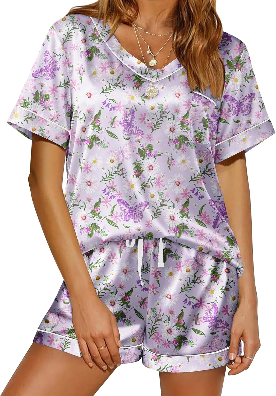 Ekouaer Silk Pajama for Women Short Sleeve Satin Pj Set Two Piece Soft Sleepwear Loungewear S-XXL