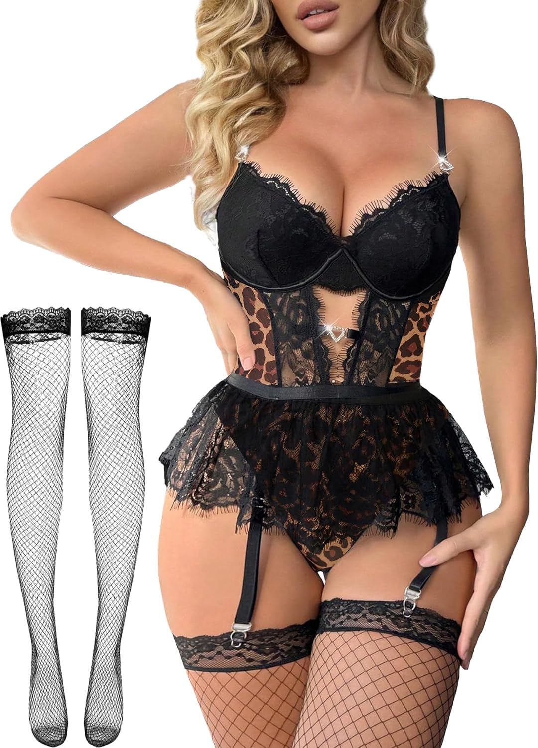 Women Lingerie Set Naughty Lace Bodysuit High Waisted Underwire Lingerie Babydoll With Garter Belt and Stockings
