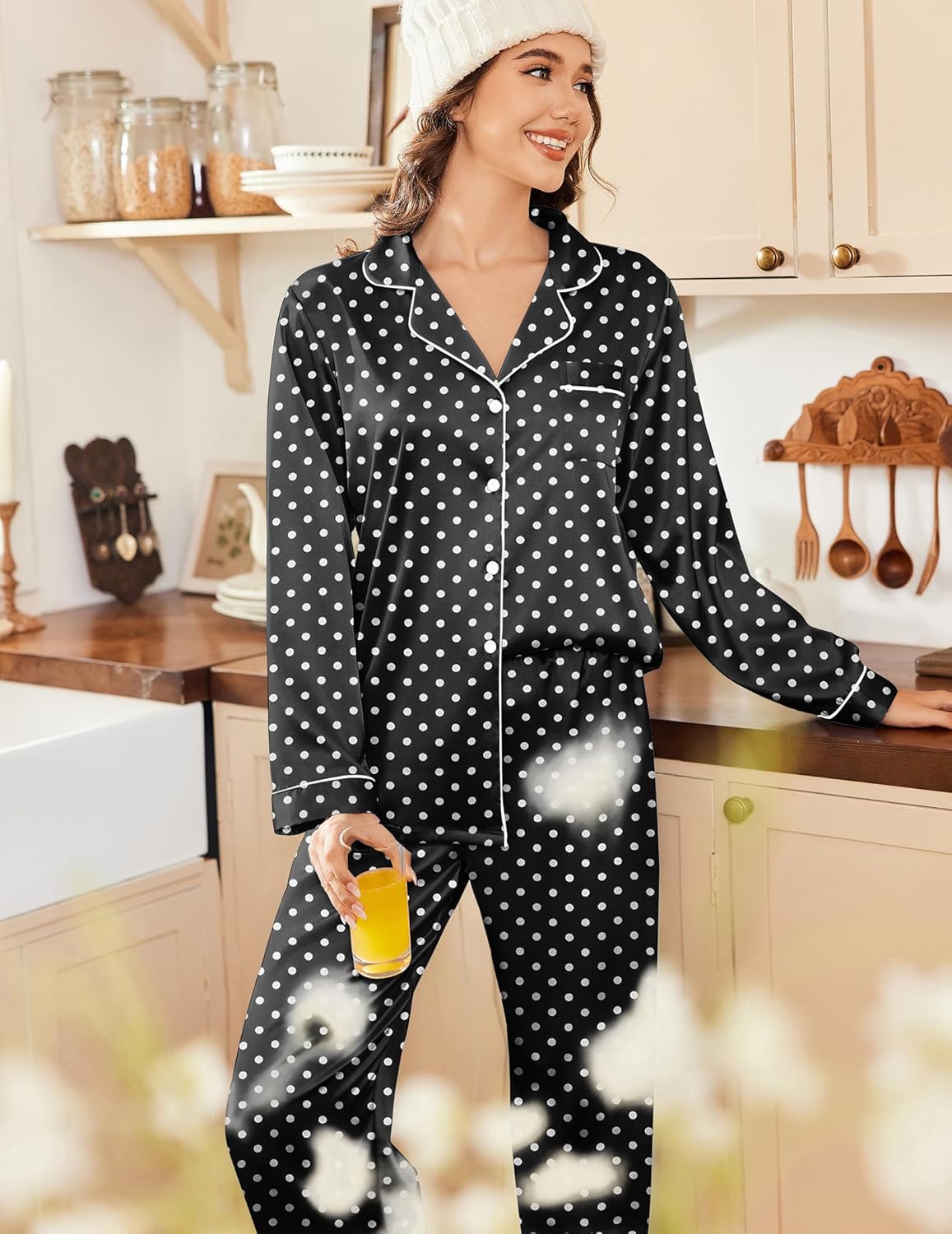 Ekouaer Womens Satin Pajama Set Classic Pattern Silky Pj Sets Button Down Sleepwear Loungewear