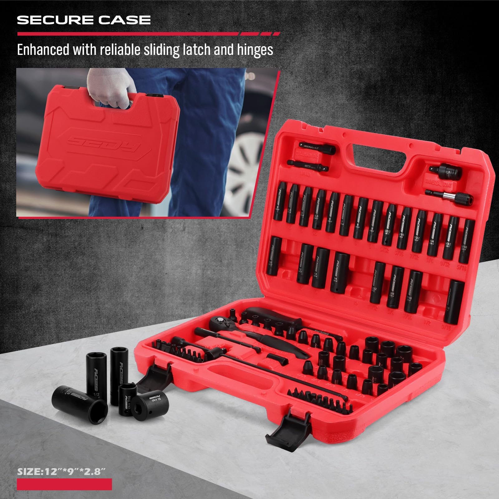 29-Piece 1/2" Drive Impact Socket Set, SAE (3/8 to 1 inch) and Metric (10-24mm) Sizes with Extension Bars Standard Deep Socket Set CR-V Material High Durability Impact Wrench