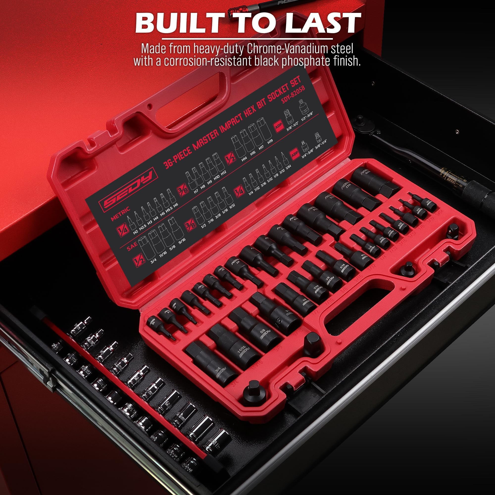 Hex Bit Impact Socket Set: 36-Piece with 4 Adapters, 1/4" 3/8" 1/2" Drive Master Allen Impact Socket Set, SAE and Metric, H5-H19 & 3/4"-5/64", Heavy Duty Storage Case, Automotive Mechanic