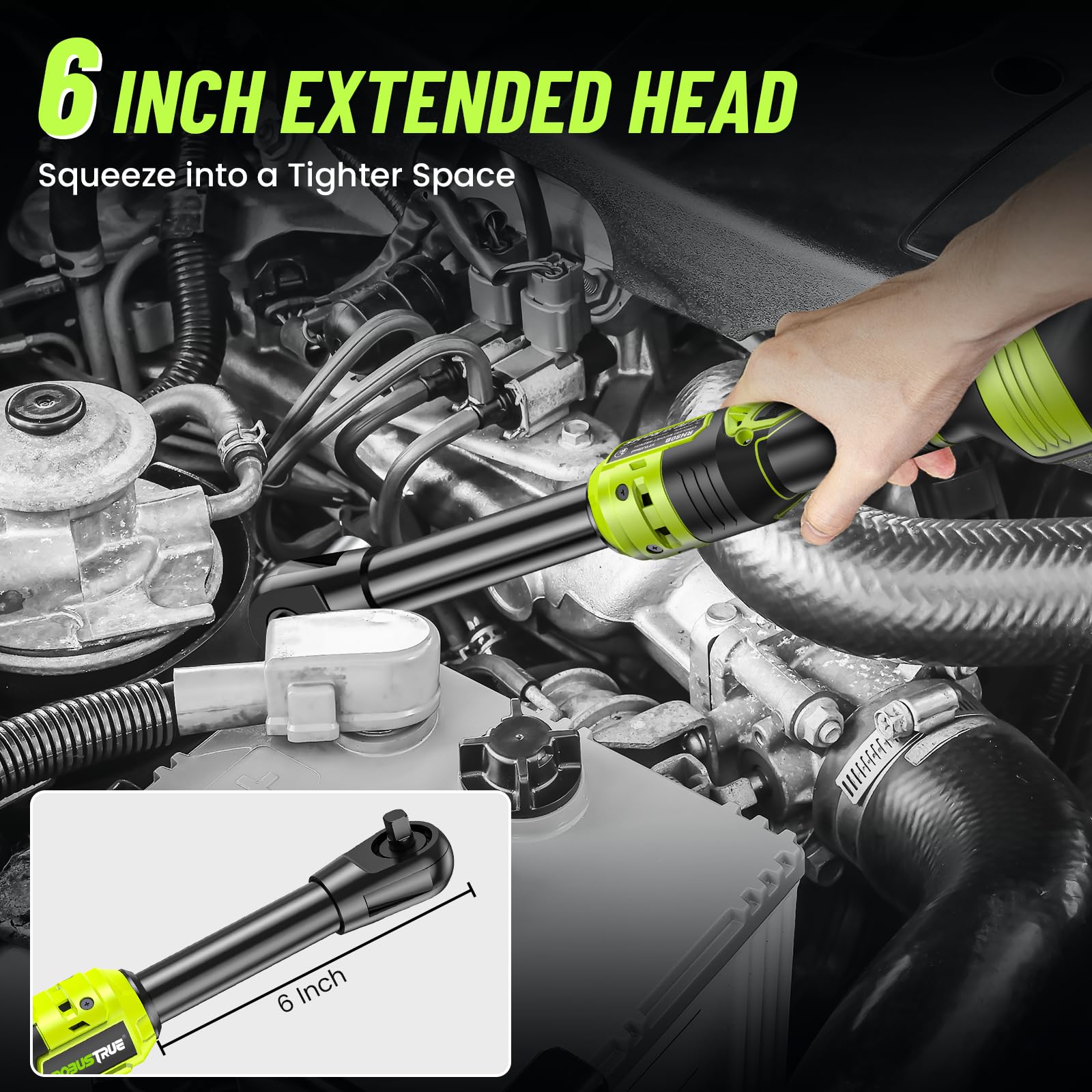 3/8" Cordless Ratchet Wrench: 58Ft-lbs (80N.m) 400RPM Light Weight Electric Ratchet, 6'' Extended Neck, 2 x2.0Ah Battery, 8 Sockets, 3" Extension Bar, LED Light (RH80B)