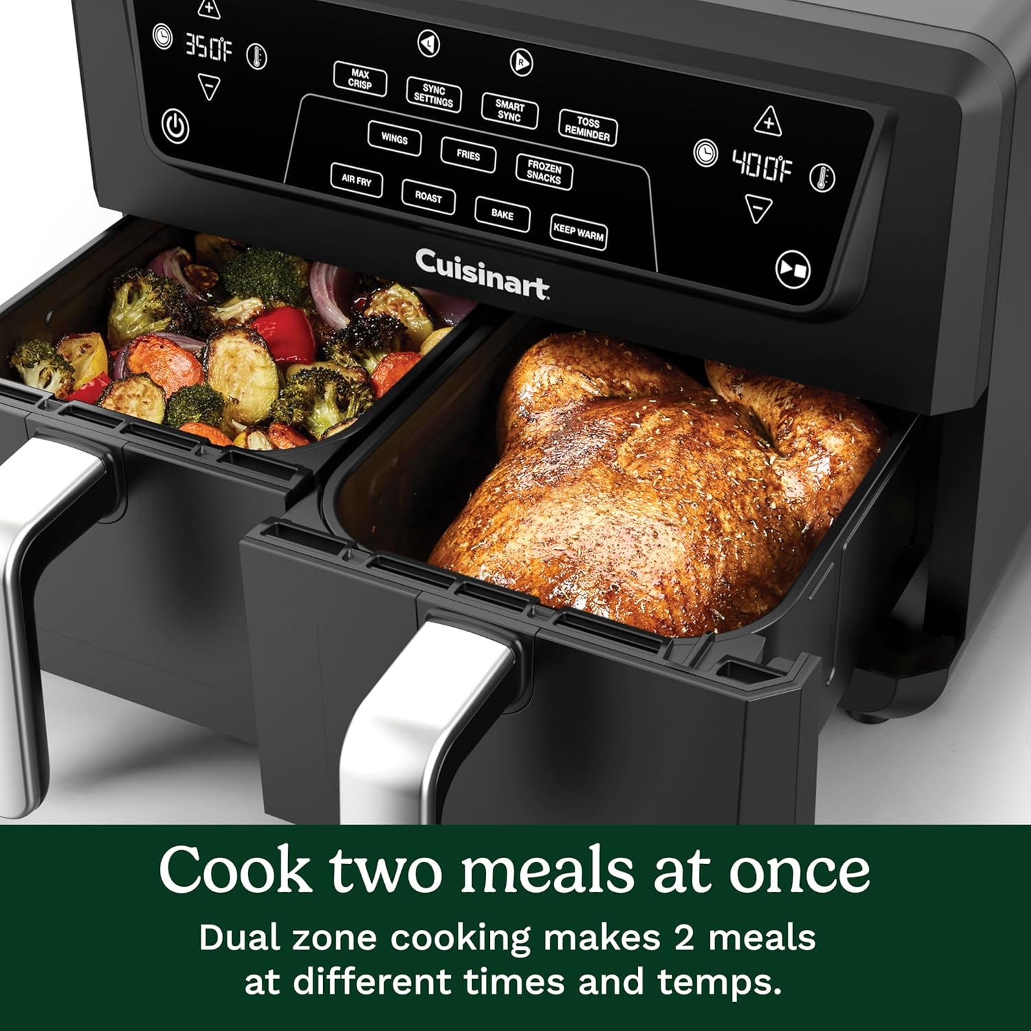 Cuisinart Dual Basket Air Fryer, Two Baskets Totals 11 QT, 4 Function Air Fryer to Air Fry, Roast, Bake & Keep Warm, Features Sync Finish & Settings, Toss Reminder, Automatic Warm Mode & Auto-Pause