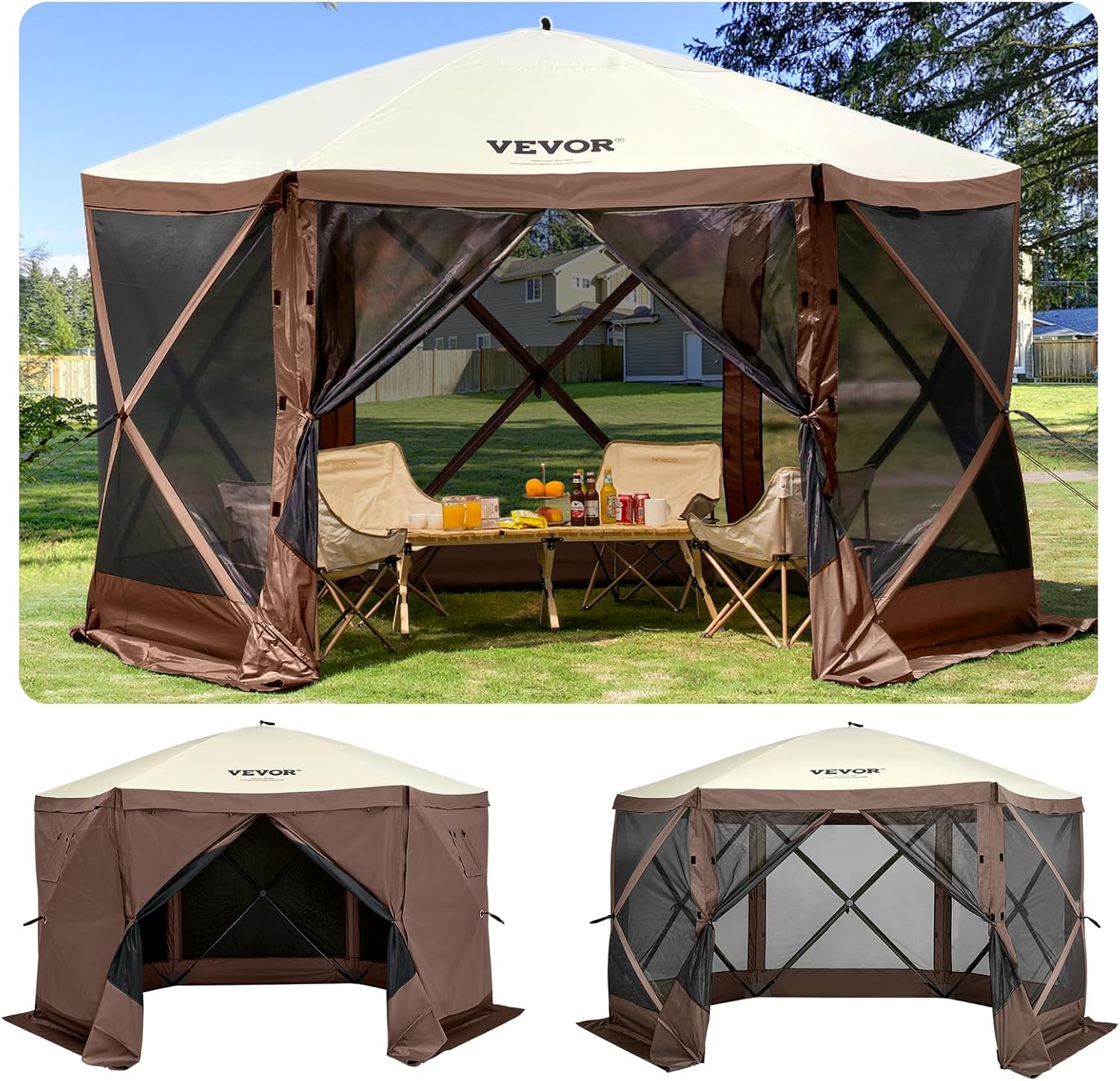 VEVOR 12 * 12ft 6 Sided Pop-up Canopy Shelter Tent with Mesh Windows, Portable Carry Bag, Stakes, Large Shade Tents for Outdoor Camping, Lawn and Backyard, Brown/Beige