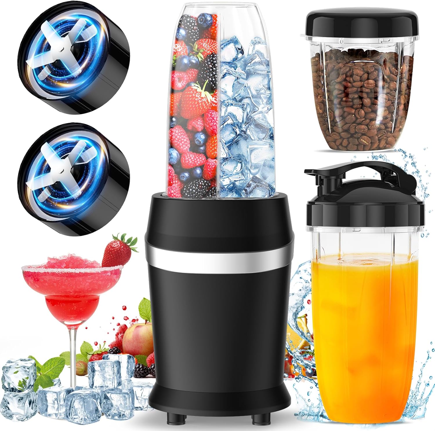 12-Piece Smoothie Blender Maker 25,000 RPM Personal Blender for Ice Crushing Smoothies & Frozen Drinks Nuts with 23oz, 32oz, 37oz Portable Cups Two 6-Leaf Stainless Steel Blades, Silver