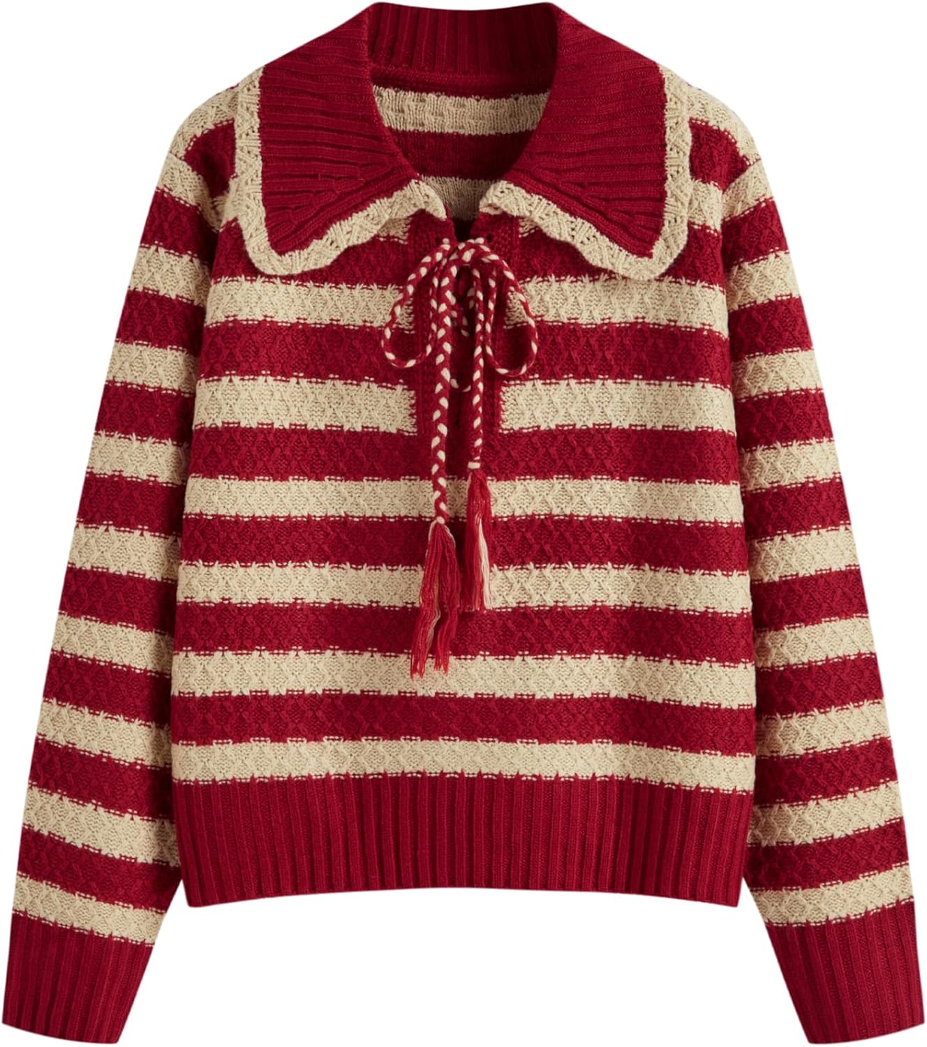 CIDER Striped Sweaters for Women Collar Knit Long Sleeve Knotted Loose Fit Pullover Winter Sweater Fall Tops