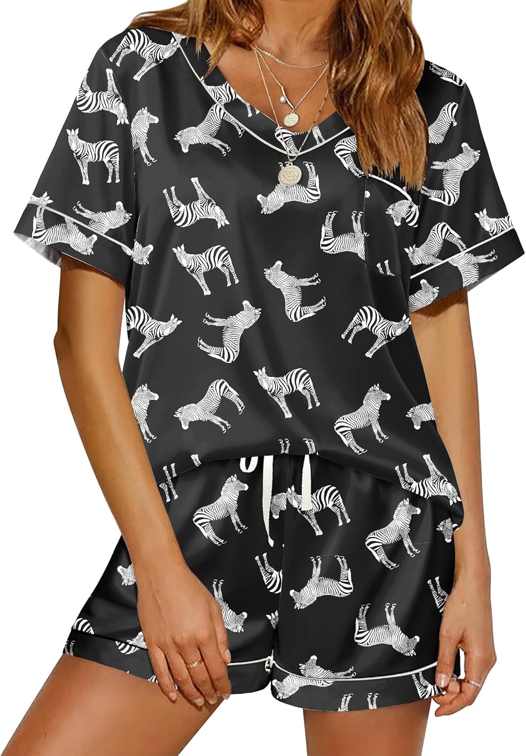 Ekouaer Silk Pajama for Women Short Sleeve Satin Pj Set Two Piece Soft Sleepwear Loungewear S-XXL