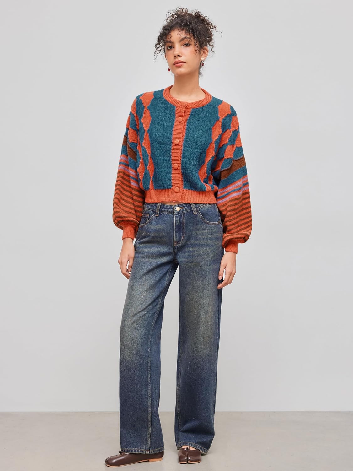 CIDER Cardigans for Women Trendy Crew Neck Striped Geometric Knit Cardigan Oversized Button Up Knitwear