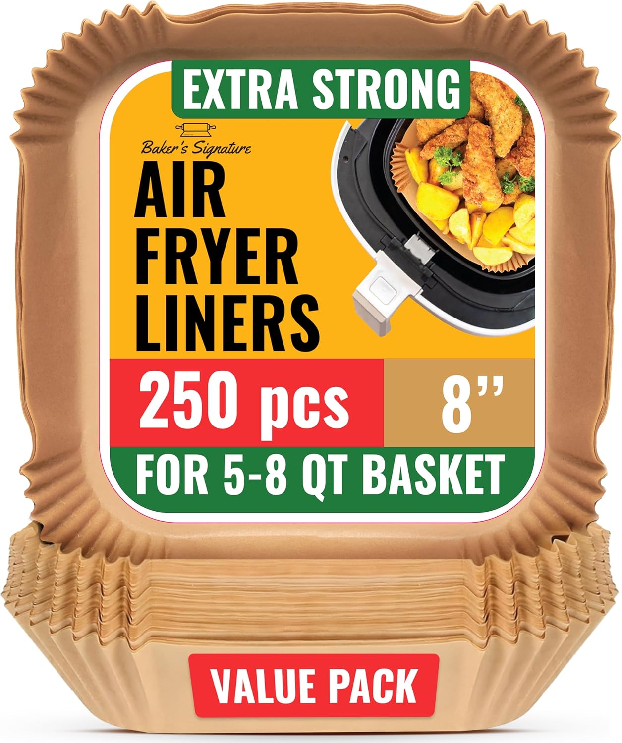 Air Fryer Paper Liners, 125Pcs Air Fryer Disposable Liners, Non-Stick and Oil Proof for Easy Cleanup, 8” Square for 5-8 qt Basket by Baker's Signature