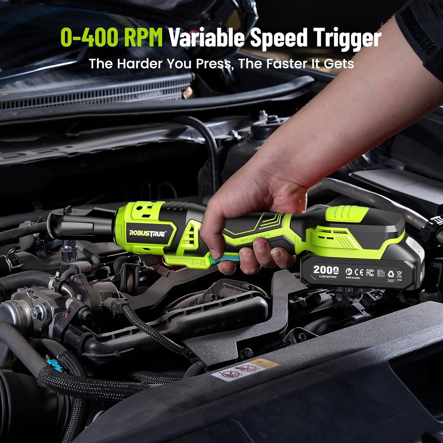 1/2" Electric Ratchet Wrench: 66Ft-lbs/400 RPM Variable Speed Cordless Power Ratchet Kit with 2x2000mAh Li-Ion Batteries, 8 Sockets, 1/4" and 1/2" Adapters, 3" Extension Bar for Auto Repair