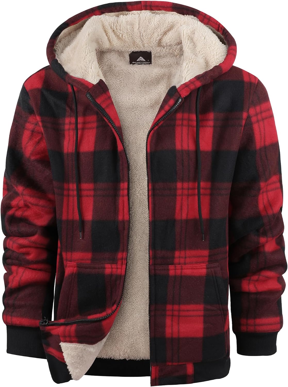 Mens Plaid Hoodies Winter Zip Up Fleece Jacket Sherpa Fleece Lined Warm Flannel Jacket Coat