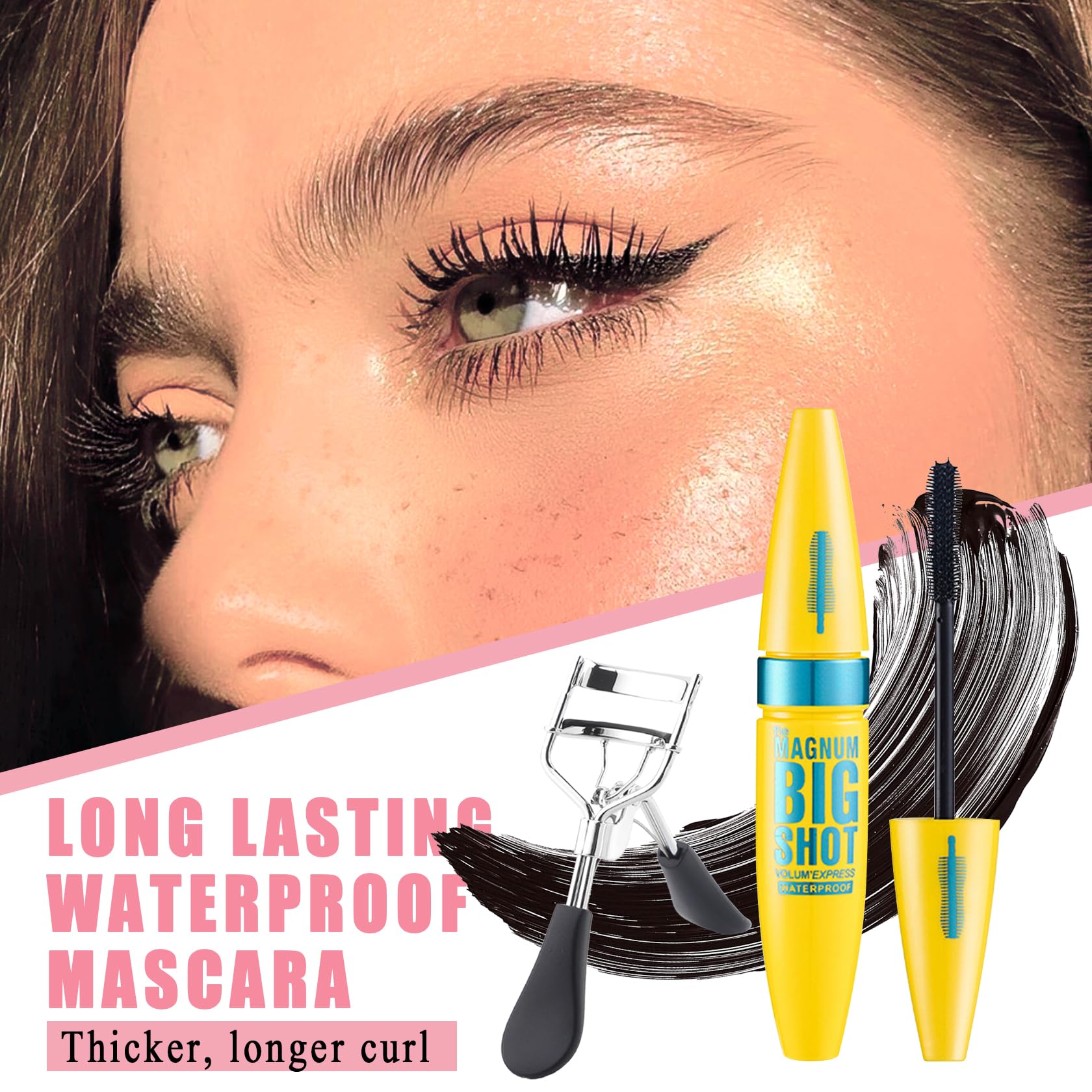 Black Telescopic Mascara Set,3PCS Black Mascara Volume and Length for Eye Makeup,Waterproofing No Clumping Tubing Mascara,No Smudging Curly Black Mascara with Eyelash Curler