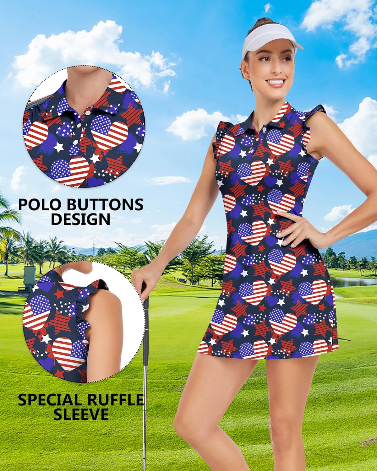 WOWENY Tennis Dress Polo Buttons Golf Dresses with Built in Shorts and Pockets Ruffle Sleeveless Athletic Workout Dress
