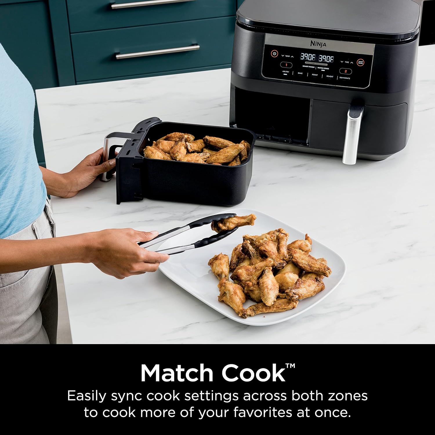 Ninja DZ090 6-Quart Dual-Zone 2-Basket Air Fryer - Roast, Bake, Dehydrate (Renewed)