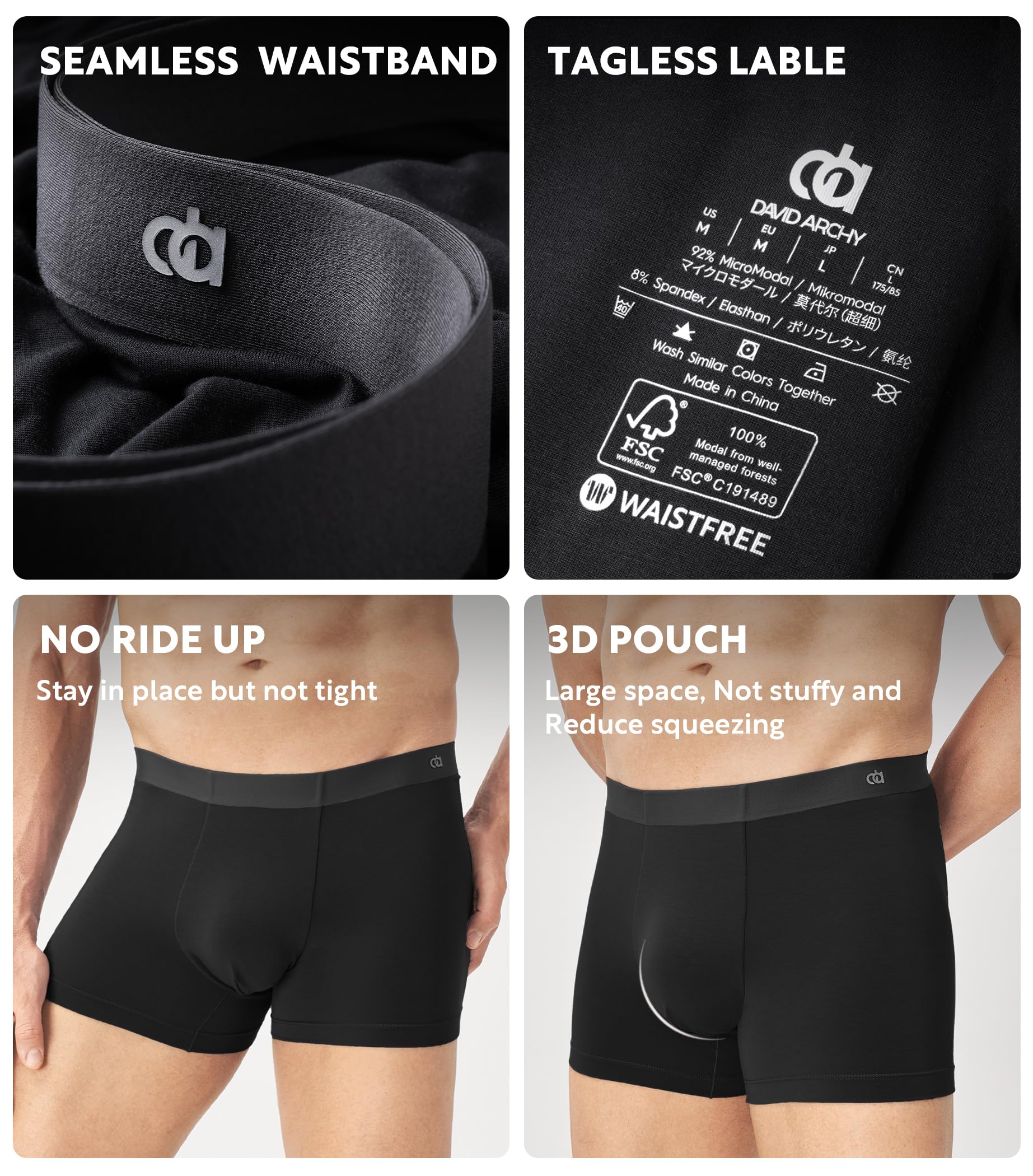 DAVID ARCHY Men's Underwear Trunks Modal Support Pouch Ultra Soft Breathable Seamless Underwear for Men 4 Pack