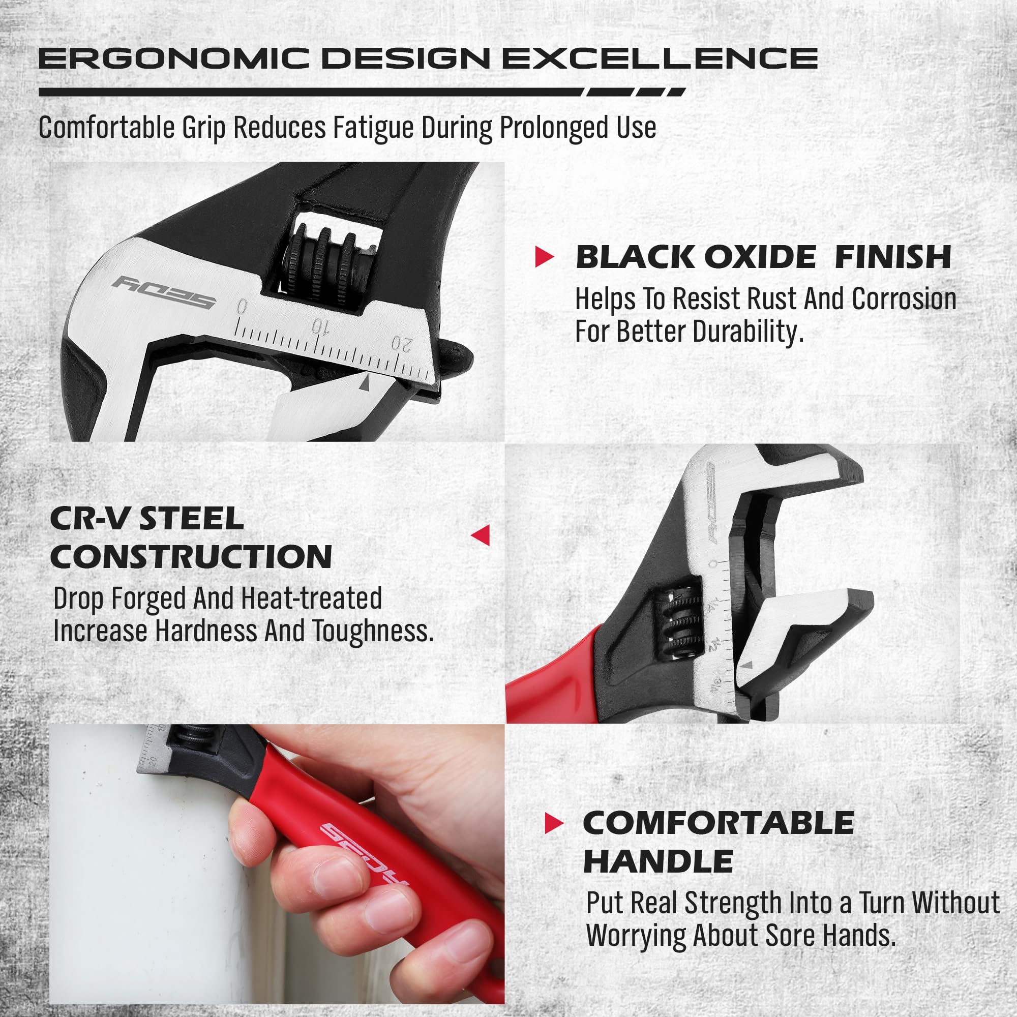 Adjustable Wrench Set Pipe Spanner: 6" 8" 10" Wide Jaw Black Oxide Wrench With Cushion Grip, Laser Marked Metric & SAE Scales, CR-V Steel for Professional
