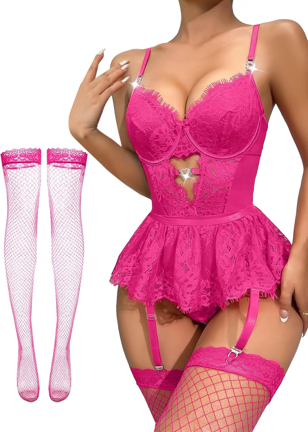 Women Lingerie Set Naughty Lace Bodysuit High Waisted Underwire Lingerie Babydoll With Garter Belt and Stockings