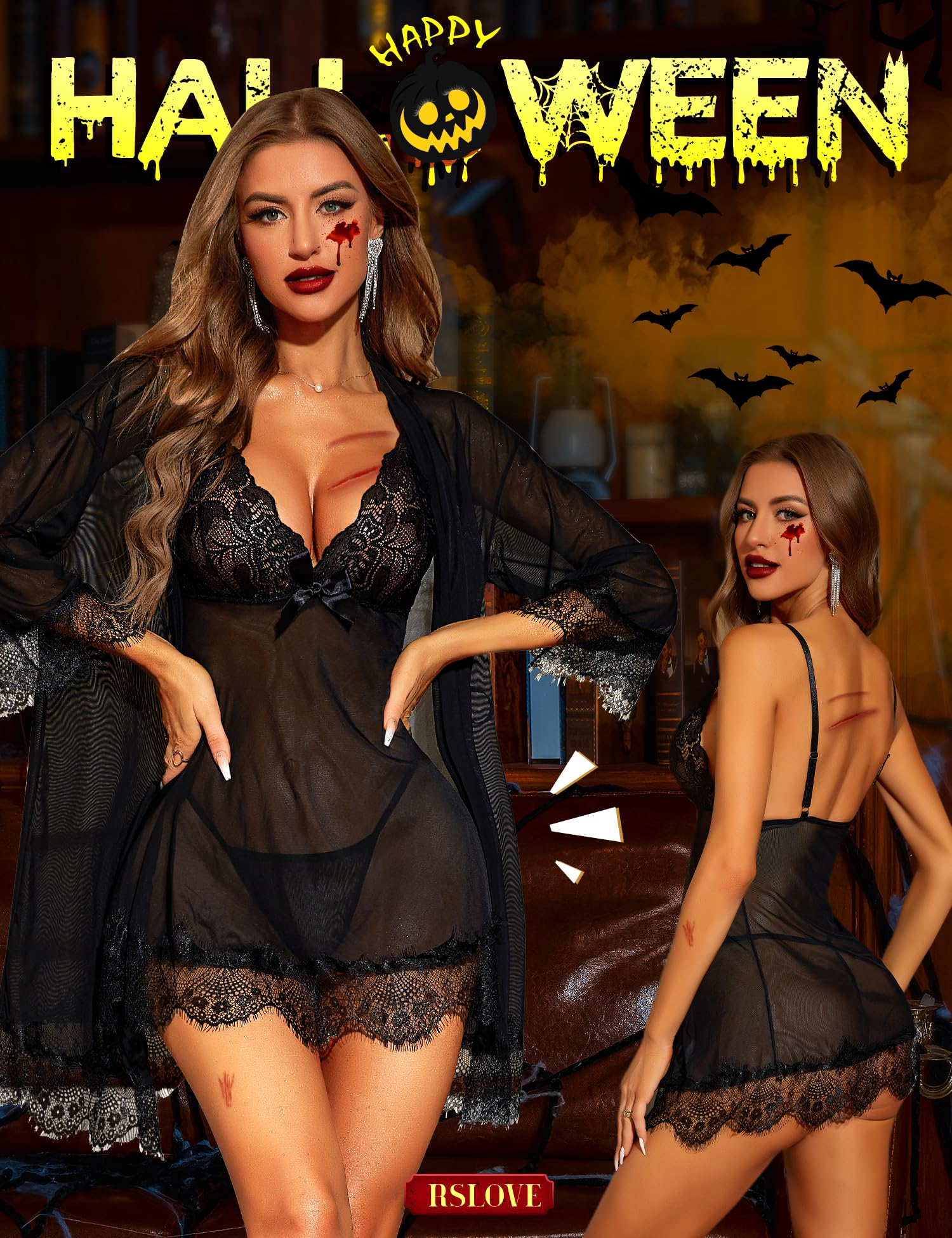 RSLOVE Women Sexy Lingerie Set 3 Piece Babydoll & Lace Kimono Robe Strap Chemise Mesh Nightgown Wine Red M