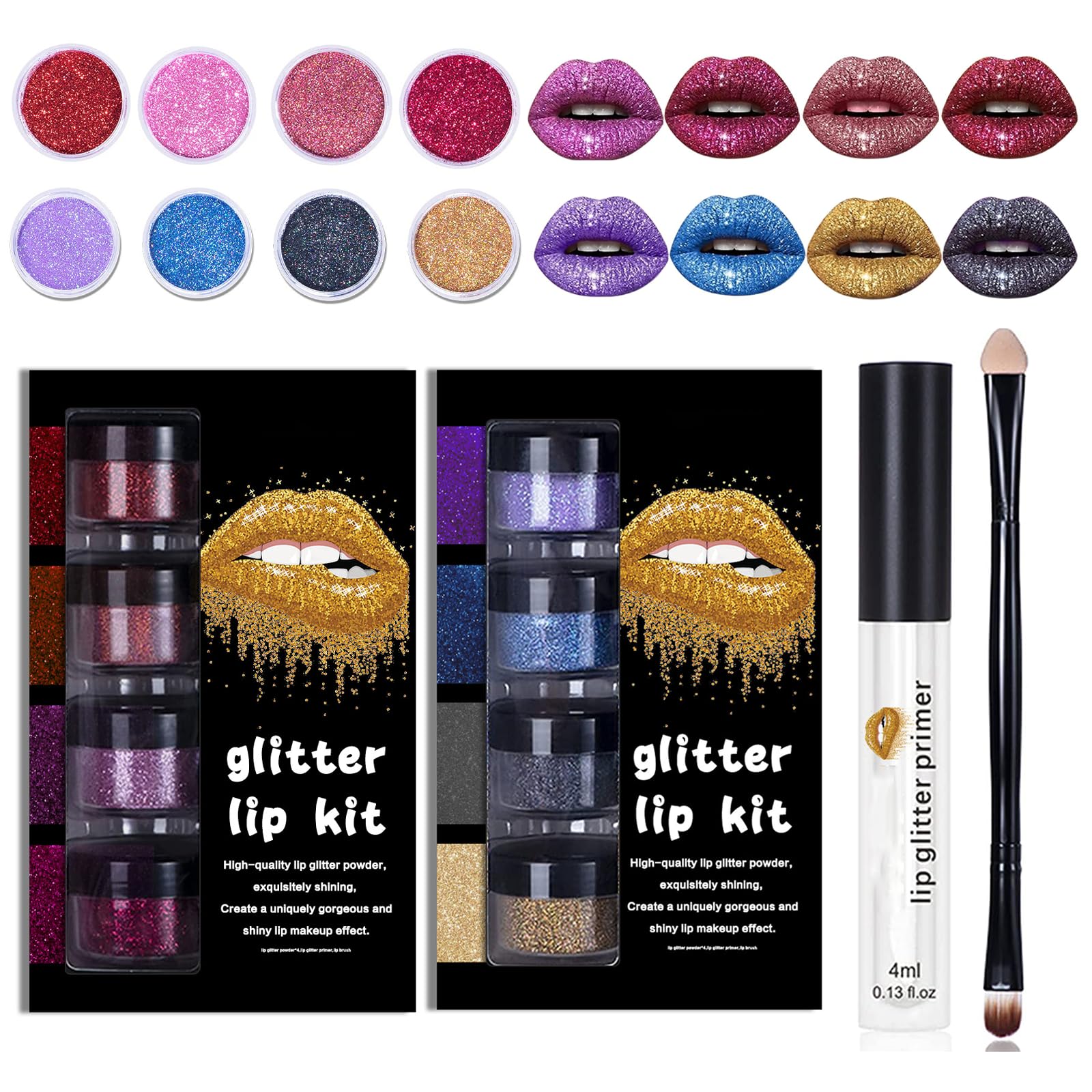 YECDET Sheglittary Glitter Lip Kit, 4 Color Glitter Lipstick with Lip Primer and Brush, Diamond And Glitter Metallic Lip Powder, Waterproof & Long Lasting & Smudge Proof (Set A)