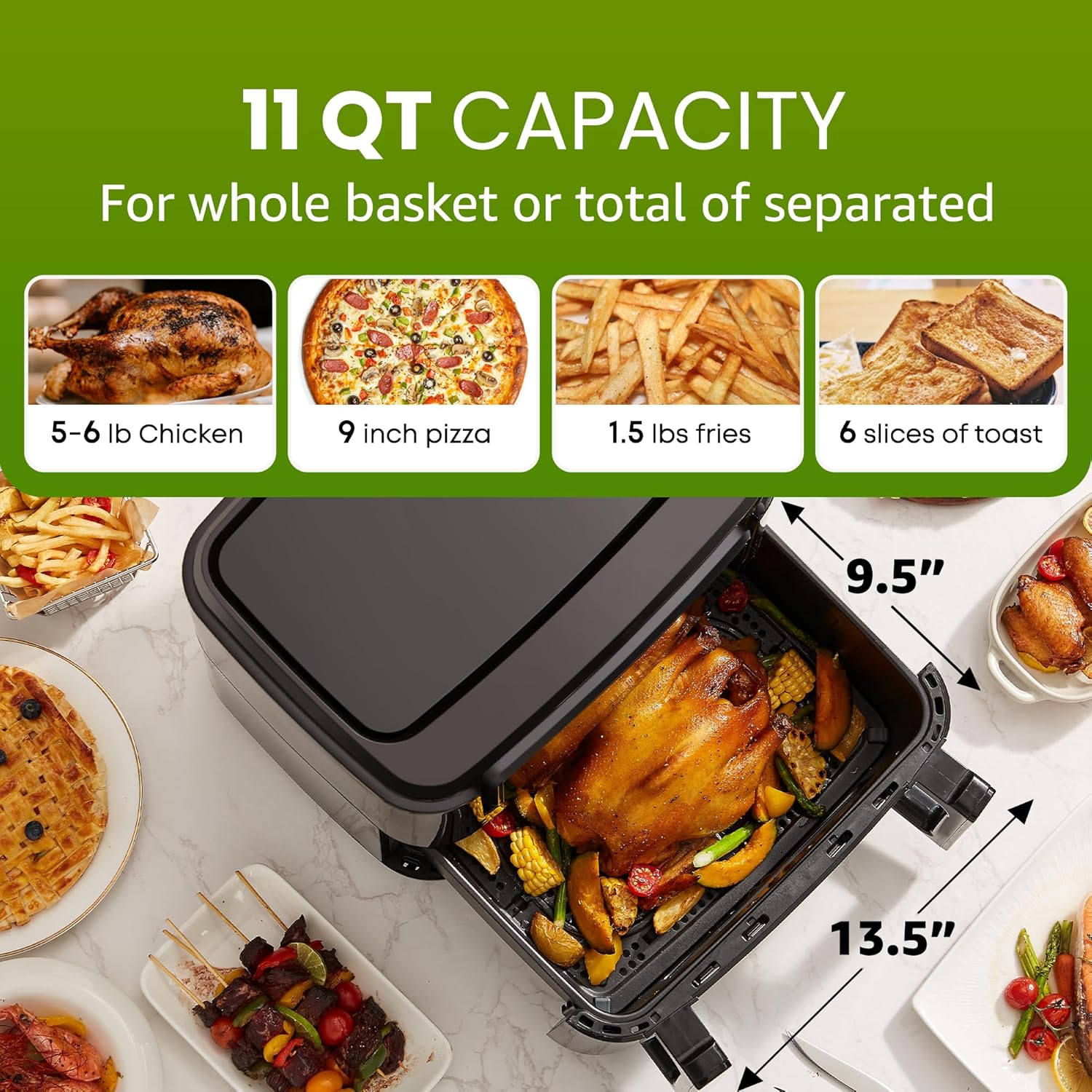 Elite Gourmet EAF1055D Dual Zone Air Fryer Oven, 11QT. Capacity with Divider, Sync Finish, Dishwasher Safe Basket, 10 Preset Functions, 1600-Watts, with Recipe Booklet, Black