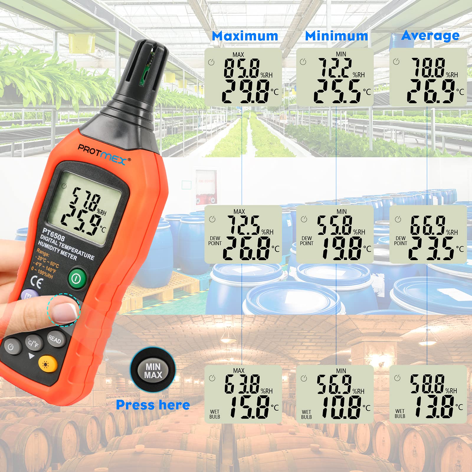 PT6508 Temperature Humidity Meter, Digital Thermometer Hygrometer Monitor with Ambient, Dew Point, Wet Bulb for Indoor/Outdoor MIN, MAX, Data Hold, LCD Backlight
