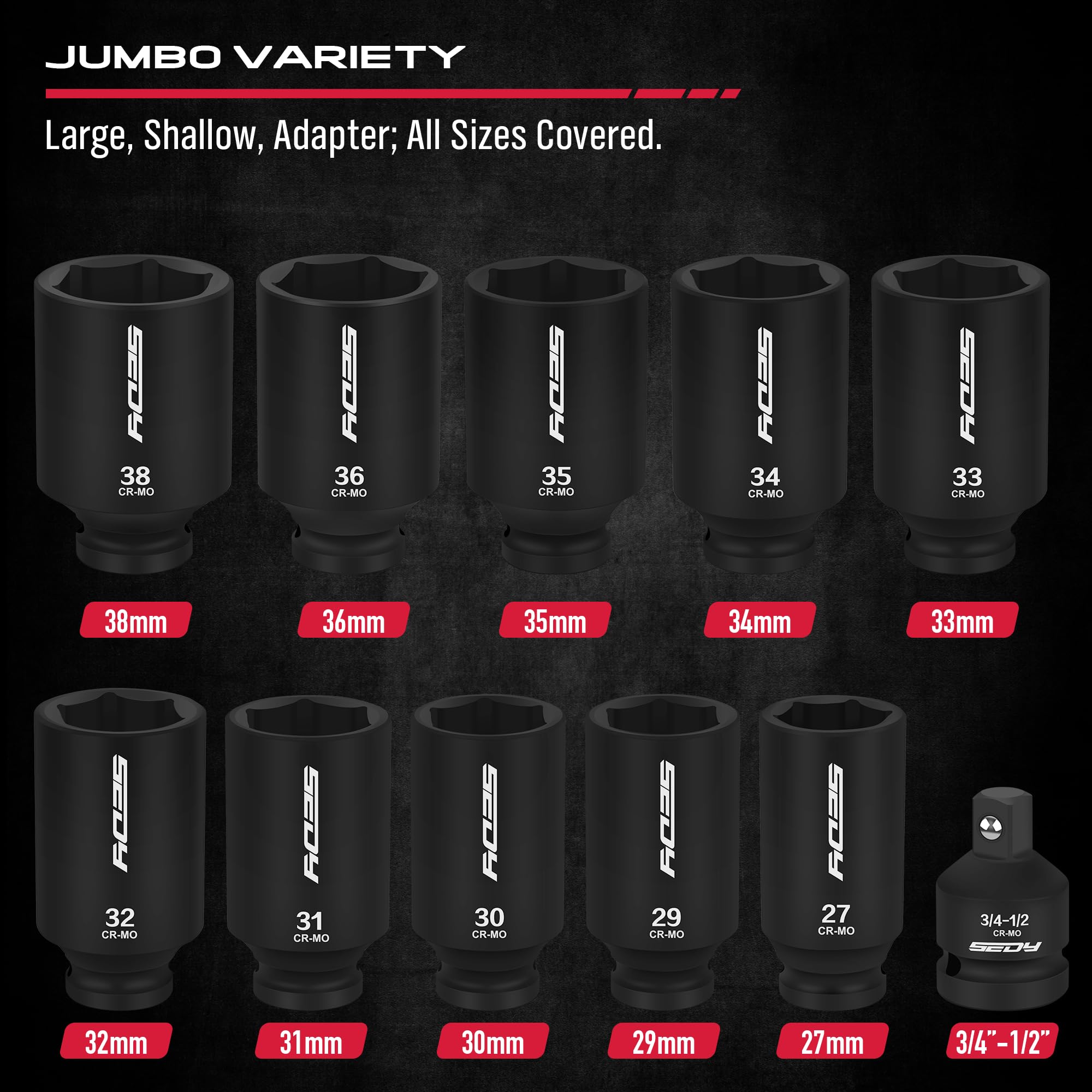 29-Piece 1/2" Drive Impact Socket Set, SAE (3/8 to 1 inch) and Metric (10-24mm) Sizes with Extension Bars Standard Deep Socket Set CR-V Material High Durability Impact Wrench