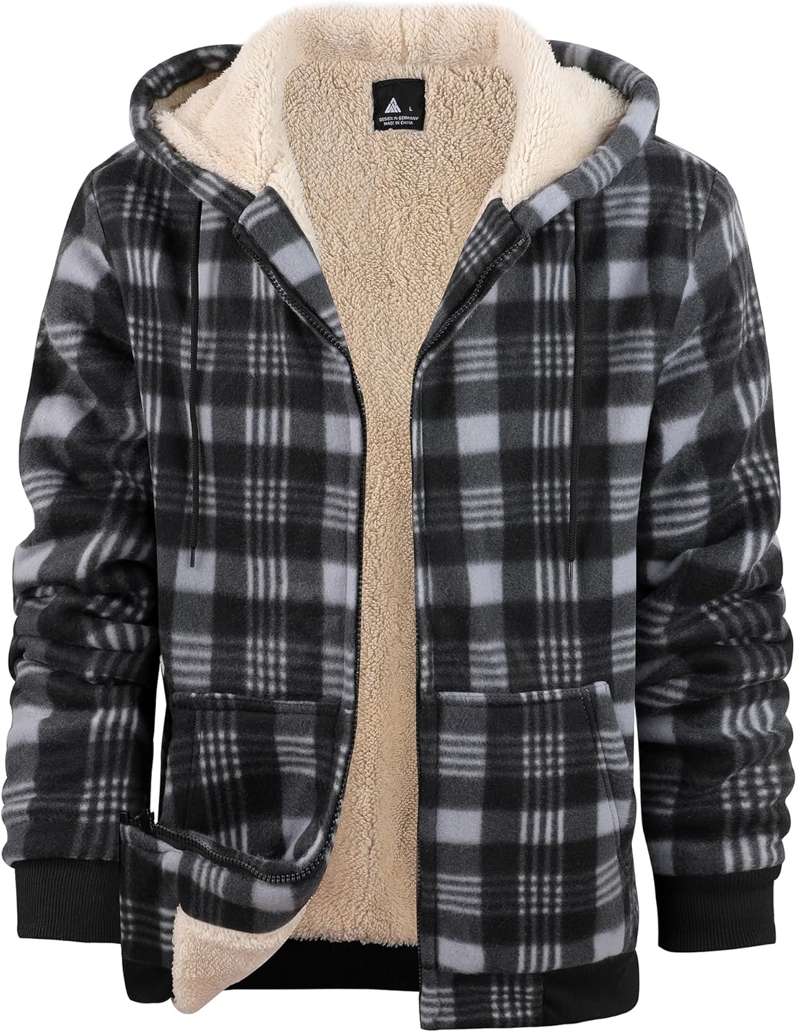Mens Plaid Hoodies Winter Zip Up Fleece Jacket Sherpa Fleece Lined Warm Flannel Jacket Coat