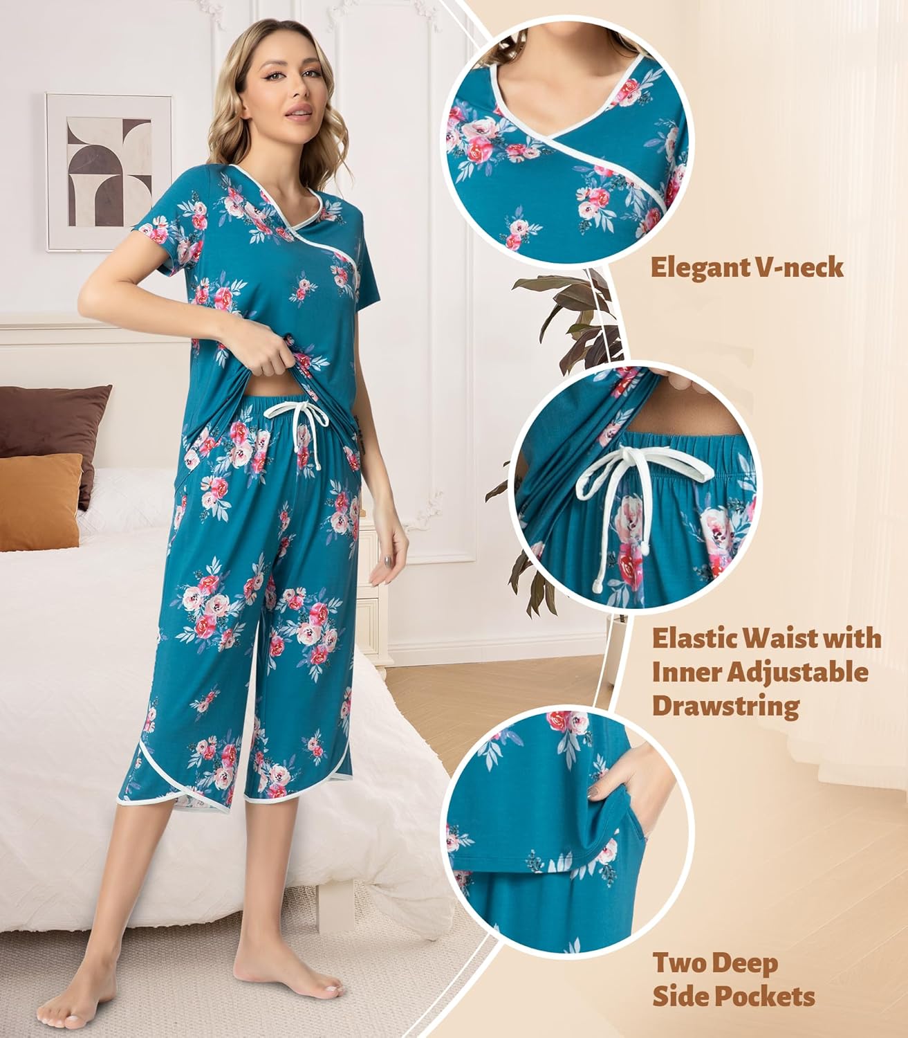 NACHILA Women’s Pajamas-Viscose Made from Bamboo, Short Sleeve Pjs Top with Capri Pajama Sets for Women Cool V Neck Sleepwear