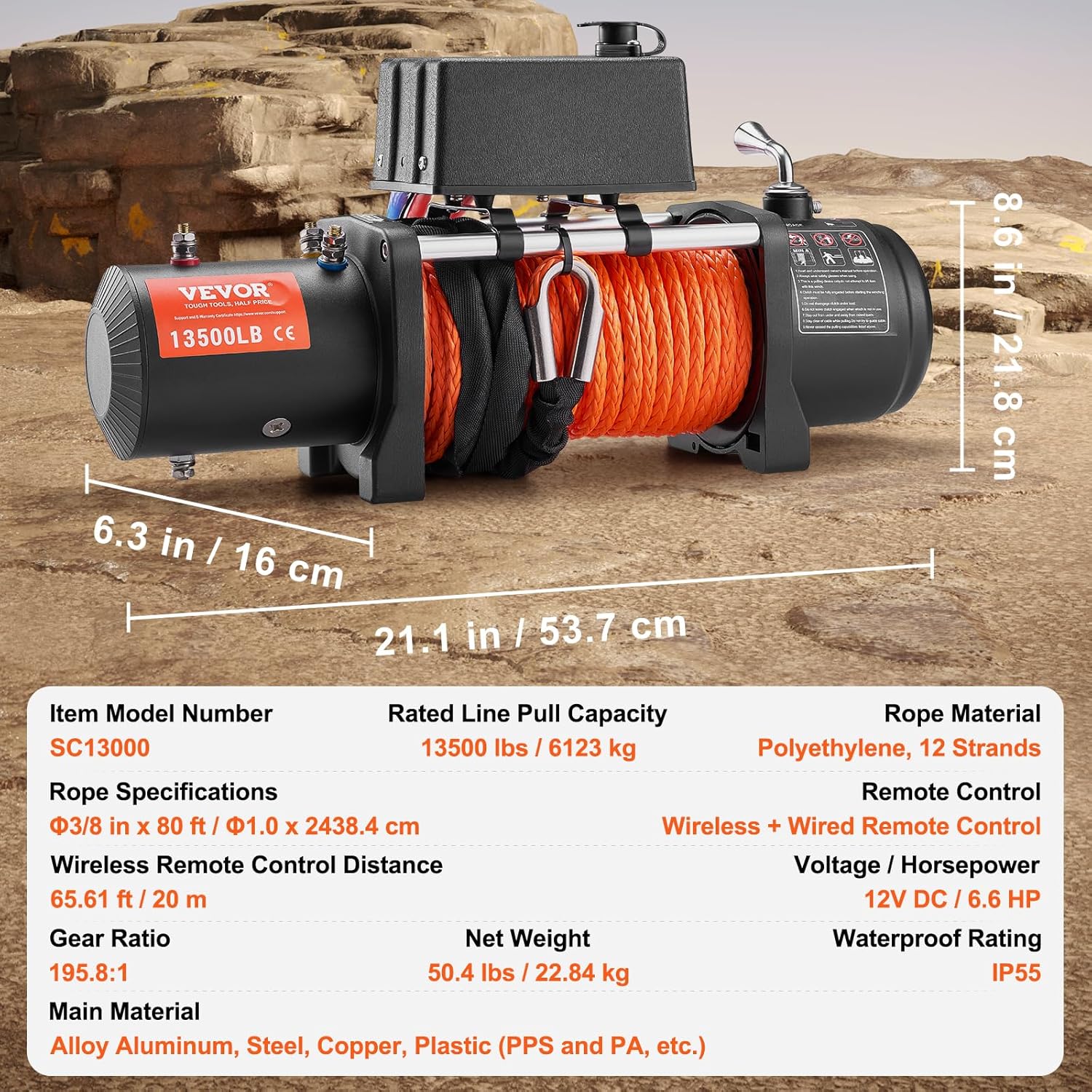VEVOR 13,500 lb Electric, Truck Winch 12V DC 3/8 in x 80 ft Synthetic Rope Aluminum Fairlead Wireless & Wired Remote Control, 13500 lbs, IP55 Waterproof Towing for Off Road Jeep SUV Boat