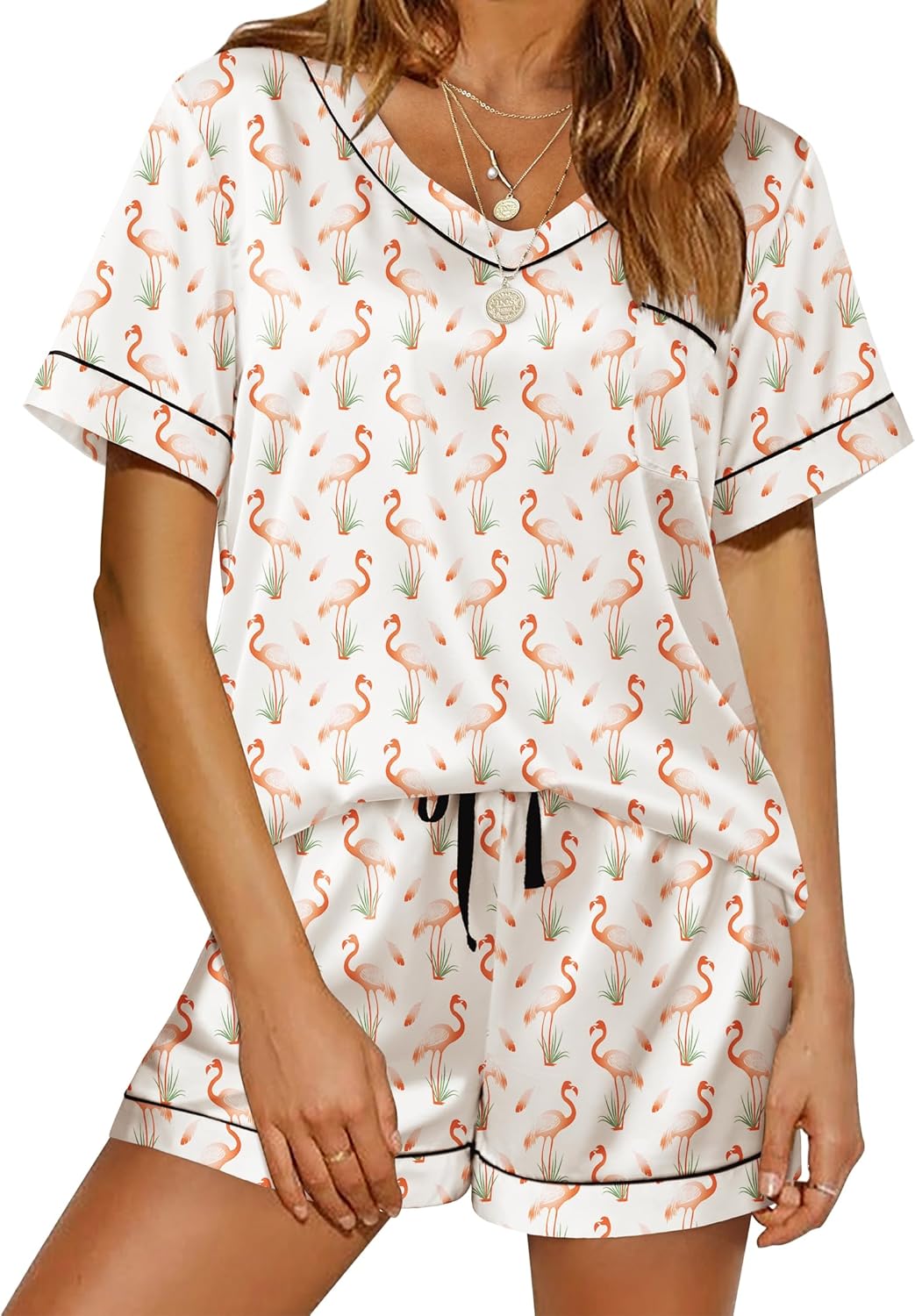 Ekouaer Silk Pajama for Women Short Sleeve Satin Pj Set Two Piece Soft Sleepwear Loungewear S-XXL