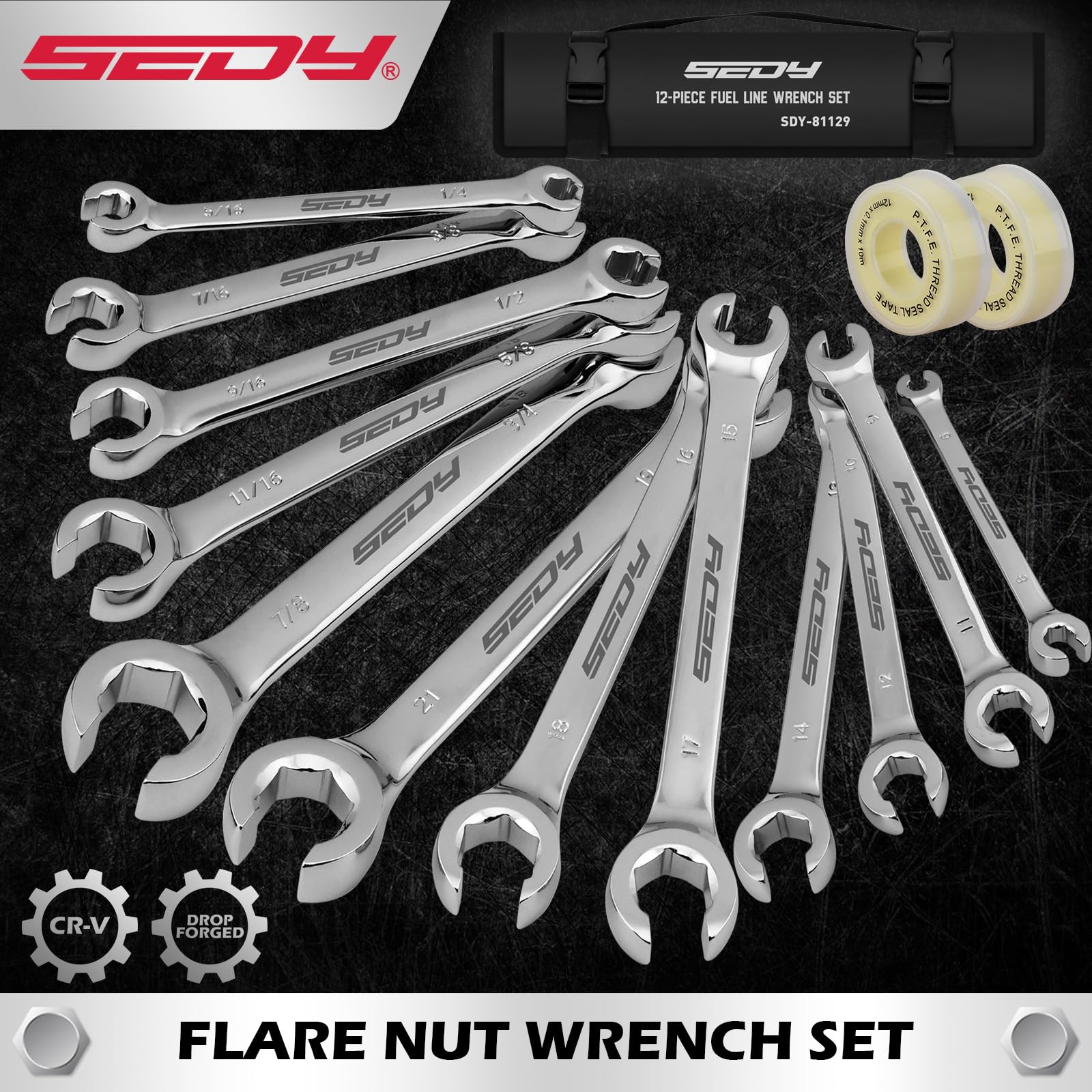 4-Piece Flare Nut Wrench Set - SAE Brake Line Wrench 1/4, 5/16, 3/8, 7/16, 1/2, 9/16, 5/8, 11/16-inch, Professional Offset Heads, Portable Organizer Pouch Included