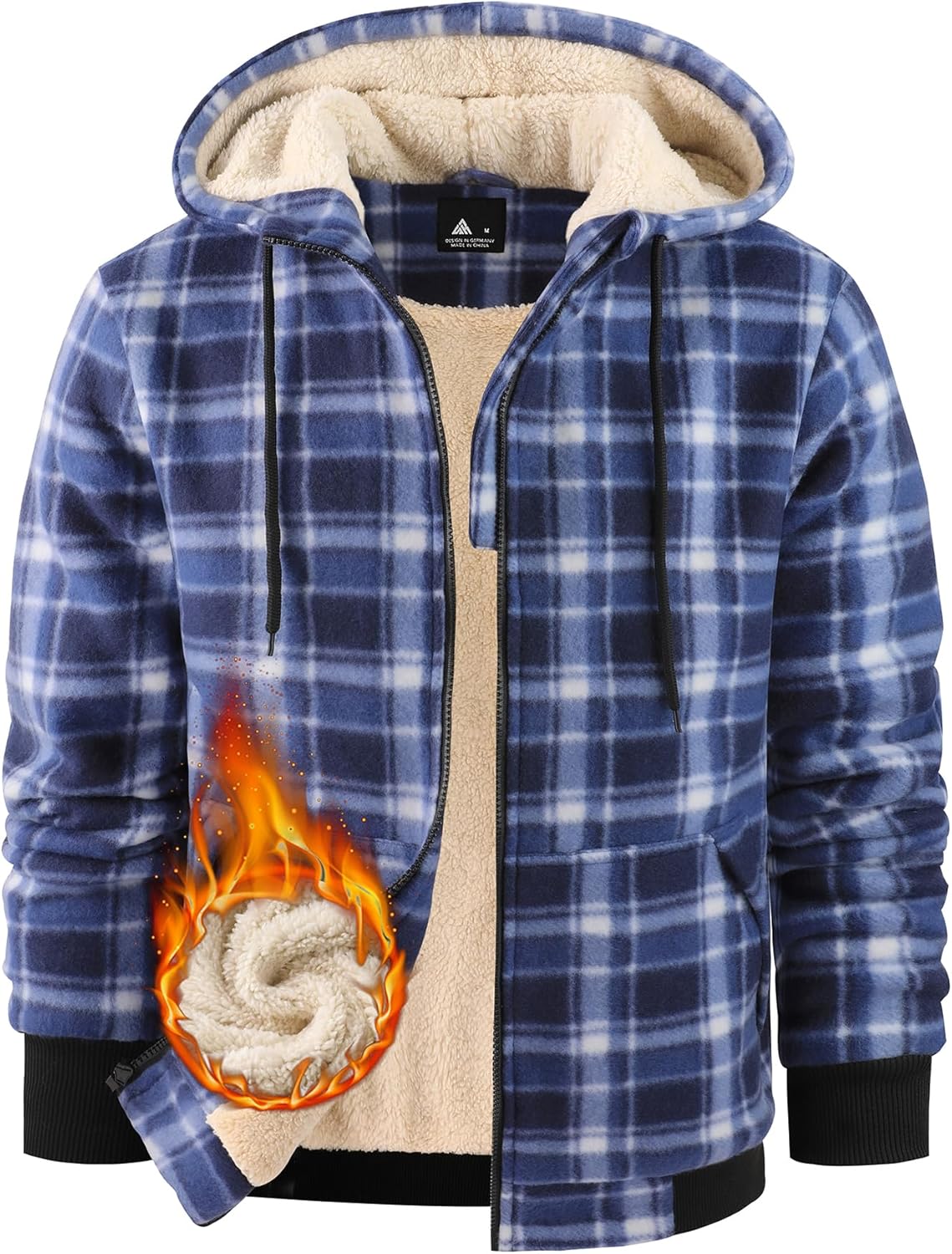 Mens Plaid Hoodies Winter Zip Up Fleece Jacket Sherpa Fleece Lined Warm Flannel Jacket Coat