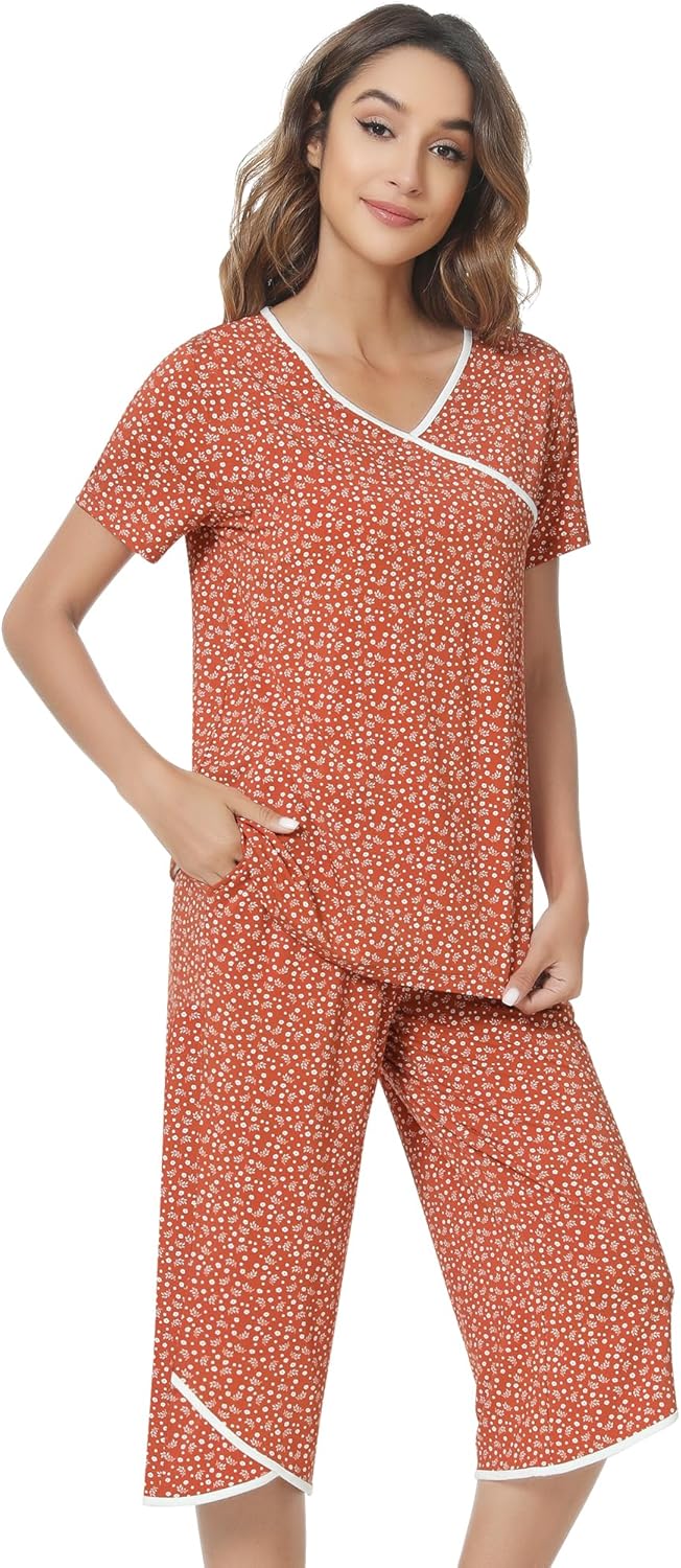 NACHILA Women’s Pajamas-Viscose Made from Bamboo, Short Sleeve Pjs Top with Capri Pajama Sets for Women Cool V Neck Sleepwear