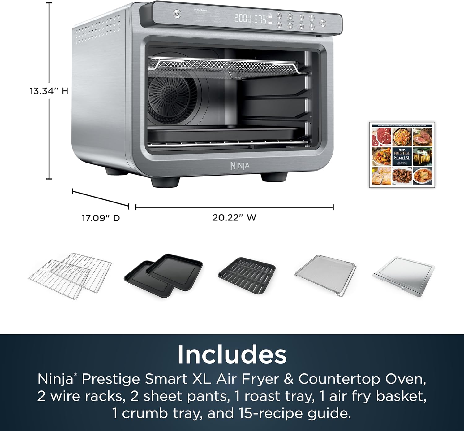 Ninja Air Fryer & Toaster Oven | Prestige Smart XL Countertop Oven | Bakes up to 20 Cookies, Fits up to a 12lb Turkey | Pizza, Toast, Bake, Air Fry & Reheat | 1800 Watts | Stainless Steel | DT501