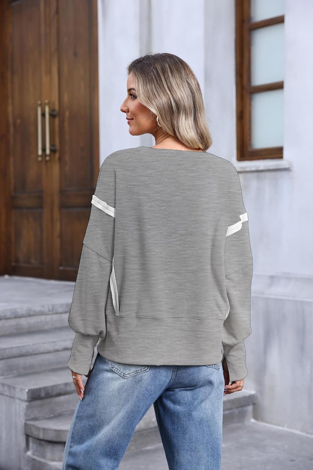 Women's Crew Neck Sweatshirts Casual Loose Long Sleeve Side Slit Oversized Reverse Seam Sweatshirt Clothes Pullover