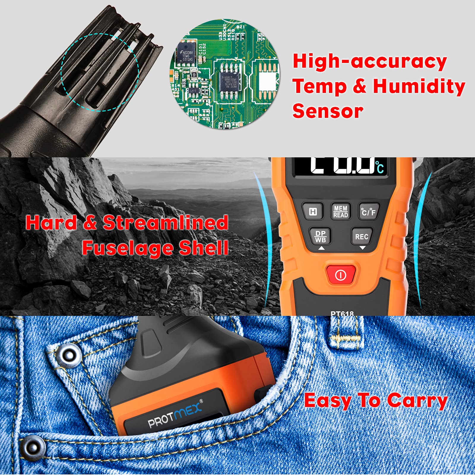 PT6508 Temperature Humidity Meter, Digital Thermometer Hygrometer Monitor with Ambient, Dew Point, Wet Bulb for Indoor/Outdoor MIN, MAX, Data Hold, LCD Backlight