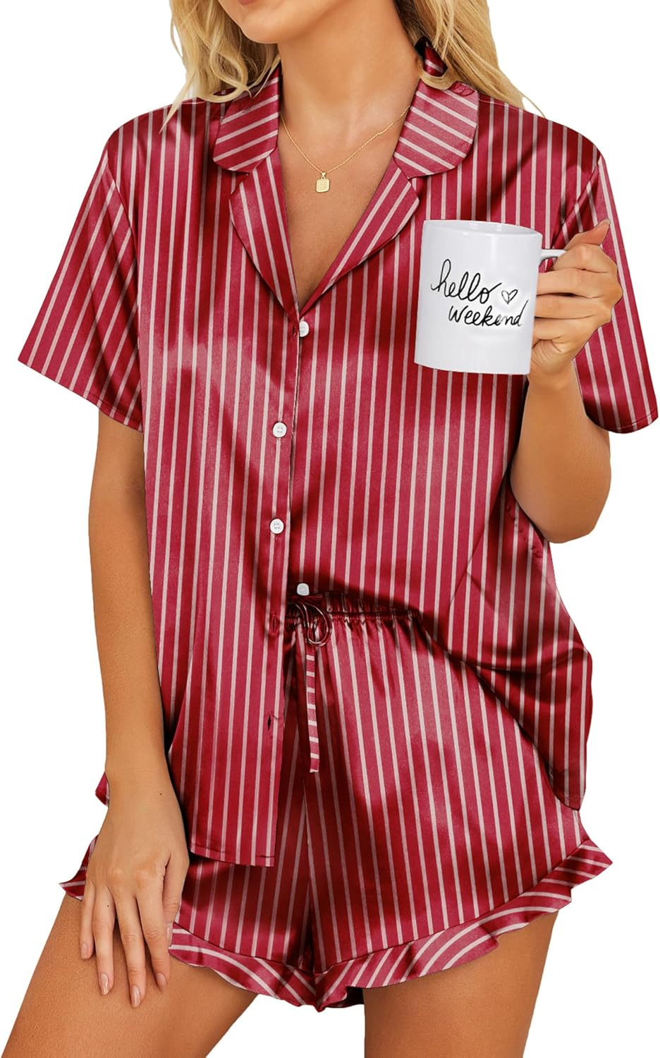 Ekouaer Womens Satin Pajamas Set Button Down 2 Piece Silk Pjs Shorts Set Ruffle Lingerie Notch Collar Sleepwear