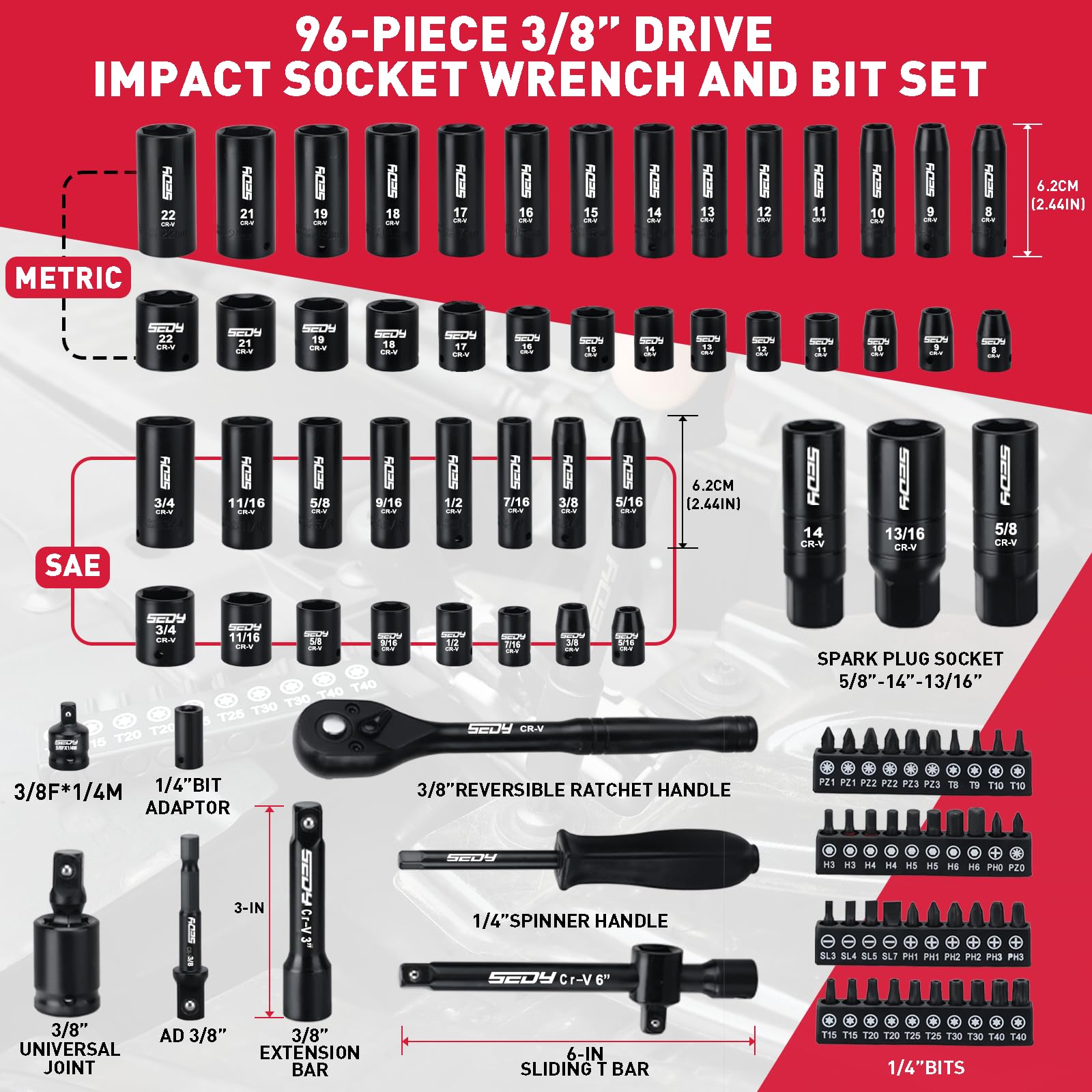 29-Piece 1/2" Drive Impact Socket Set, SAE (3/8 to 1 inch) and Metric (10-24mm) Sizes with Extension Bars Standard Deep Socket Set CR-V Material High Durability Impact Wrench