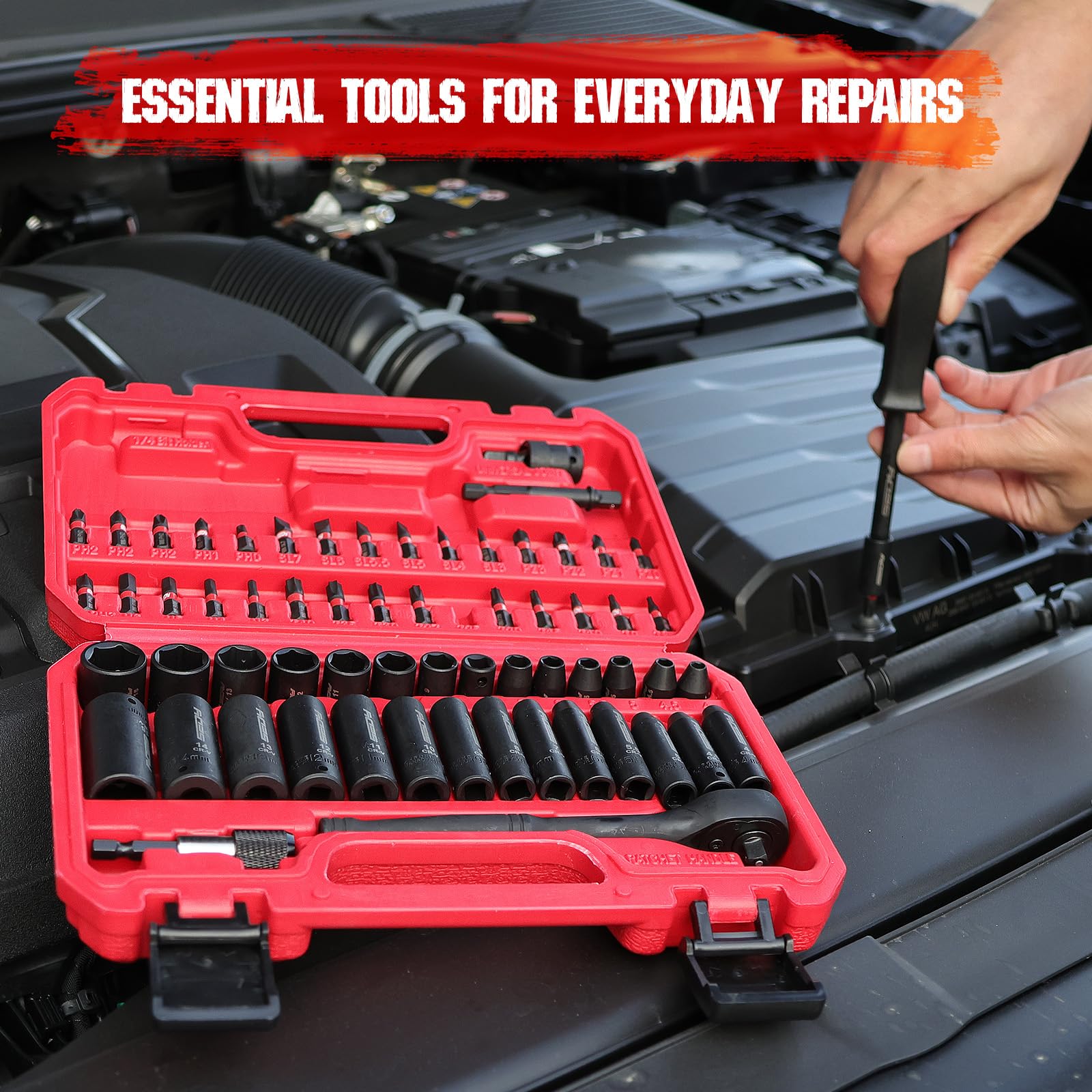 29-Piece 1/2" Drive Impact Socket Set, SAE (3/8 to 1 inch) and Metric (10-24mm) Sizes with Extension Bars Standard Deep Socket Set CR-V Material High Durability Impact Wrench