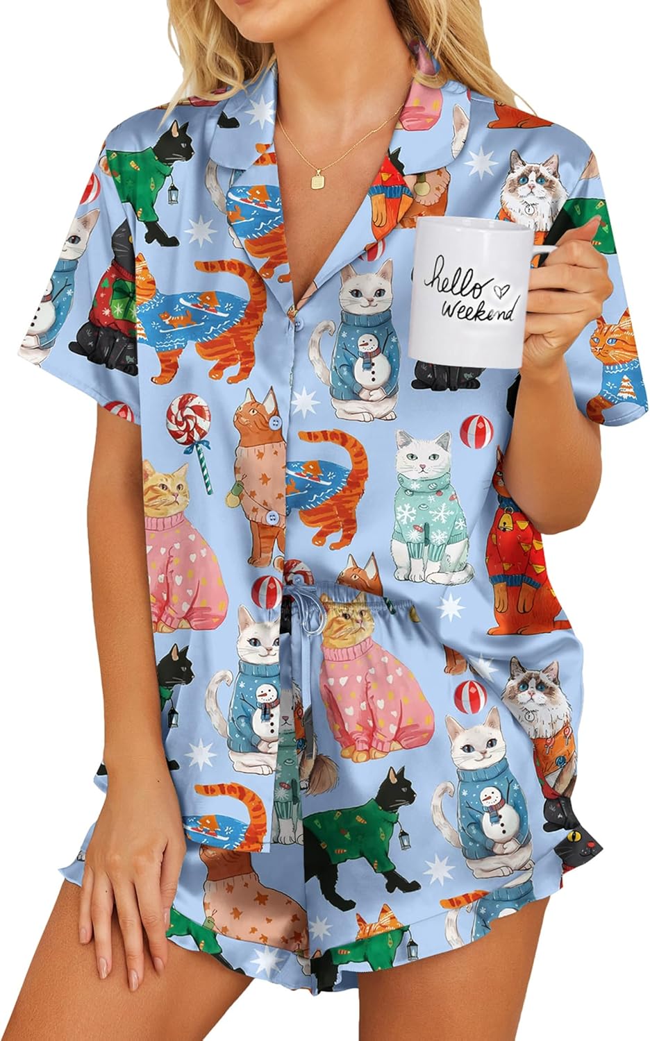 Ekouaer Womens Satin Pajamas Set Button Down 2 Piece Silk Pjs Shorts Set Ruffle Lingerie Notch Collar Sleepwear